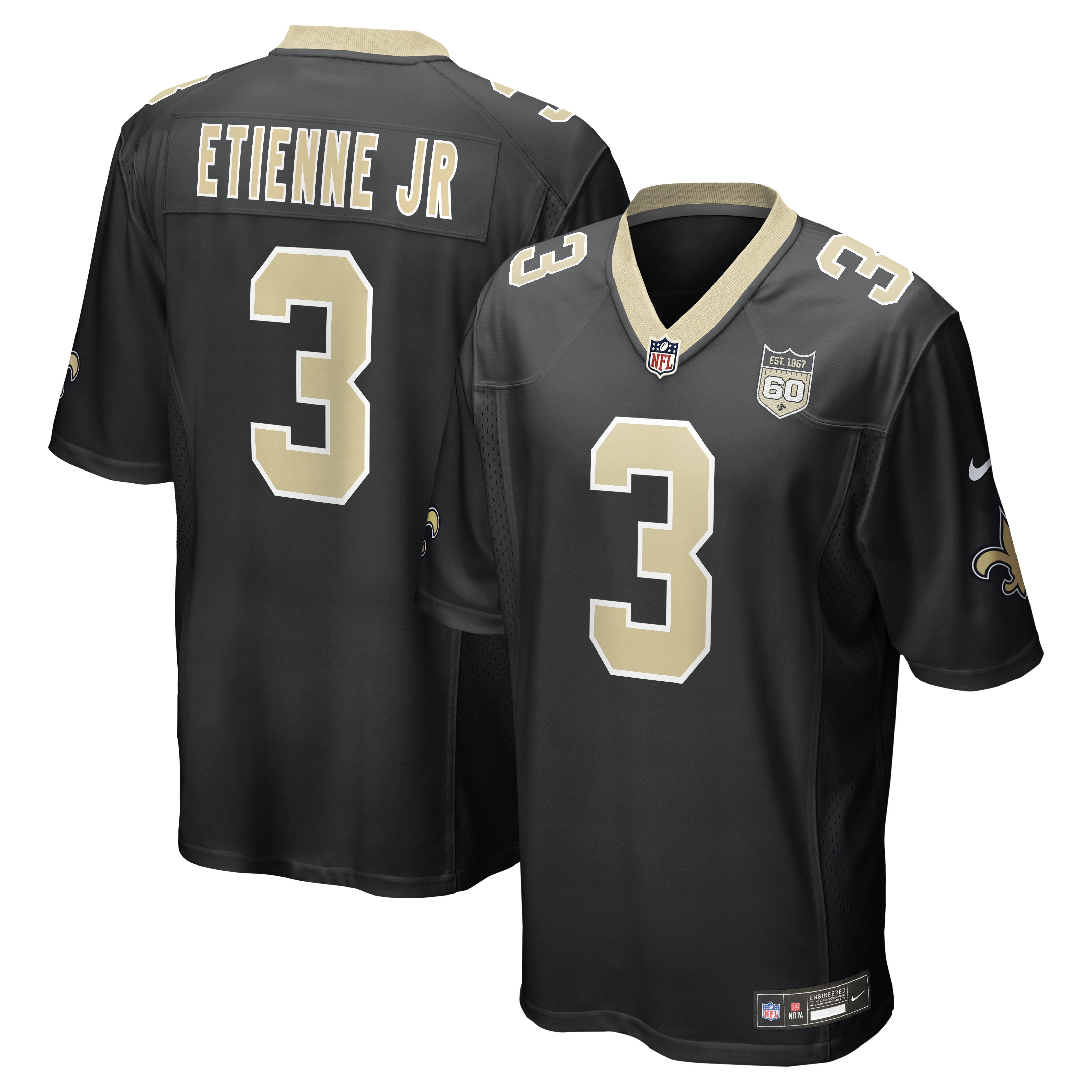 Men's Nike Travis Etienne Jr Black New Orleans Saints Team 60th Season Patch Game Jersey