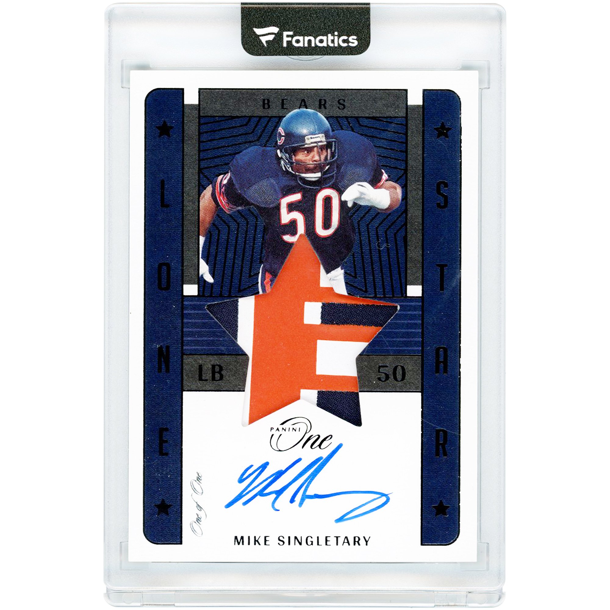 Carta autografata di Mike Singletary dei Chicago Bears, edizione Panini One Black Lone Star Tri-Color Jersey Relic #87 #1/1 del 2022.
