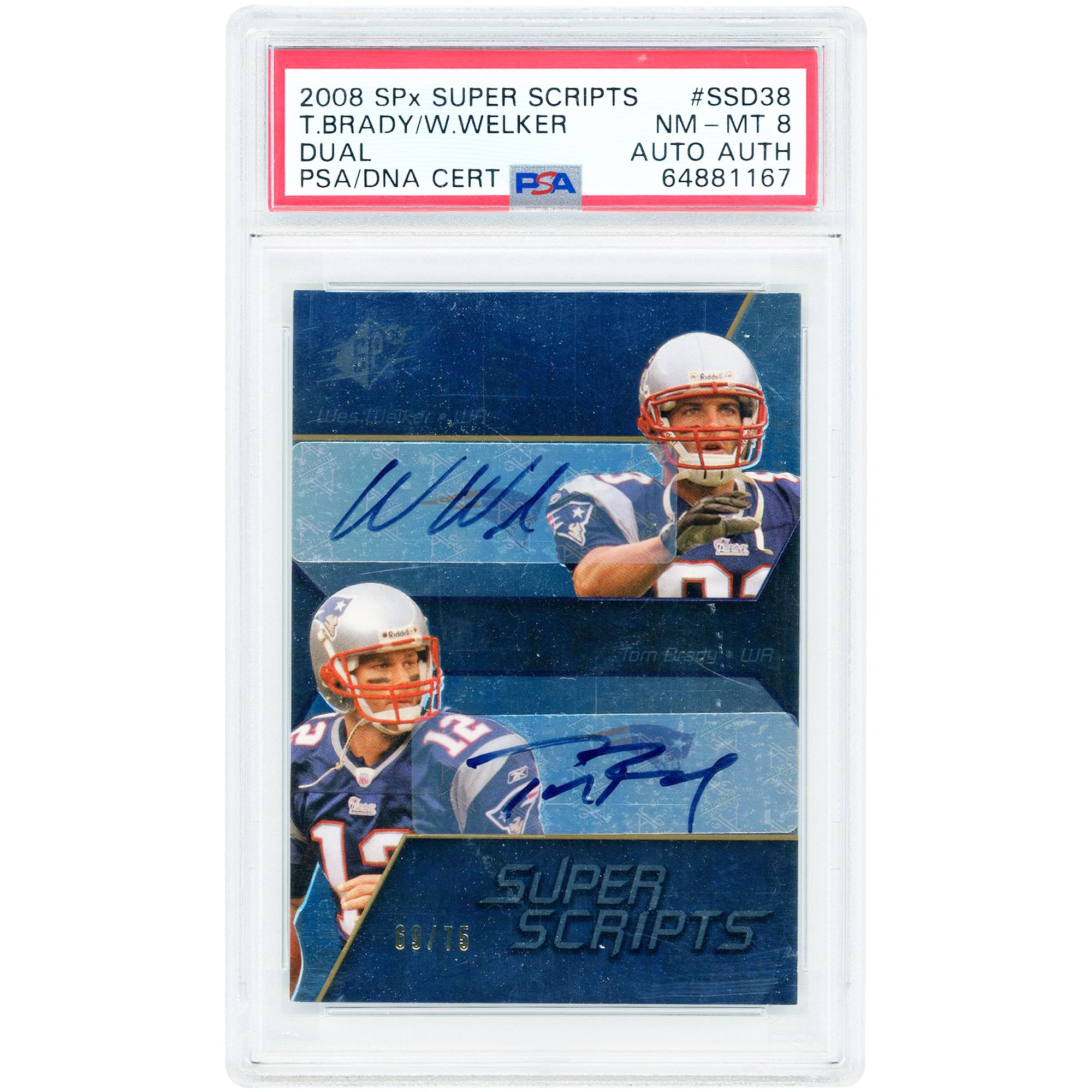 Carta autografata di Wes Welker e Tom Brady dei New England Patriots, edizione 2008 Upper Deck SPx Dual Super Scripts #SSD38 #69/75, autenticata da PSA 8/Auth Card