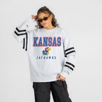 Women's Gameday Couture Ash Kansas Jayhawks  Stadium Stripes Oversized Fleece Sweatshirt