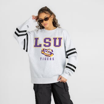 Women's Gameday Couture Ash LSU Tigers  Stadium Stripes Oversized Fleece Sweatshirt