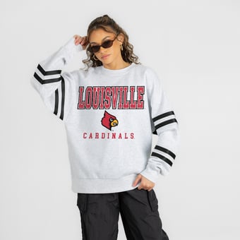 Women's Gameday Couture Ash Louisville Cardinals  Stadium Stripes Oversized Fleece Sweatshirt