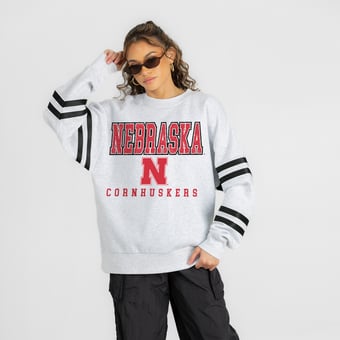 Women's Gameday Couture Ash Nebraska Huskers  Stadium Stripes Oversized Fleece Sweatshirt
