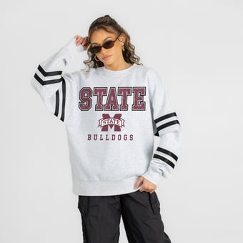 Women's Gameday Couture Ash Mississippi State Bulldogs  Stadium Stripes Oversized Fleece Sweatshirt
