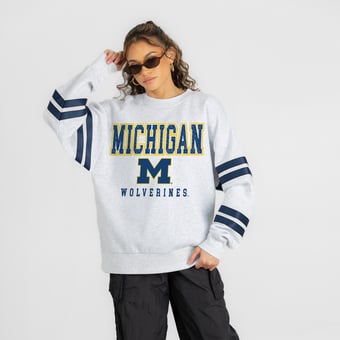 Women's Gameday Couture Ash Michigan Wolverines  Stadium Stripes Oversized Fleece Sweatshirt