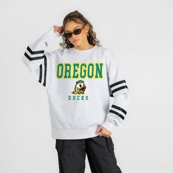 Women's Gameday Couture Ash Oregon Ducks  Stadium Stripes Oversized Fleece Sweatshirt