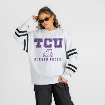 Women's Gameday Couture Ash TCU Horned Frogs  Stadium Stripes Oversized Fleece Sweatshirt