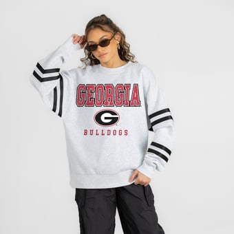 Women's Gameday Couture Ash Georgia Bulldogs  Stadium Stripes Oversized Fleece Sweatshirt