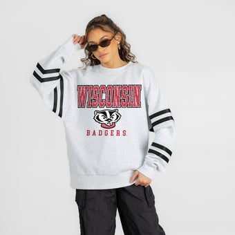 Women's Gameday Couture Ash Wisconsin Badgers  Stadium Stripes Oversized Fleece Sweatshirt