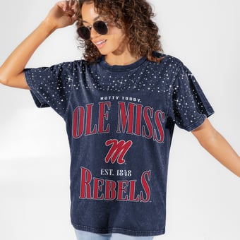 Women's Gameday Couture Navy Ole Miss Rebels Sparkle & Score Washed Micro Rhinestone T-Shirt