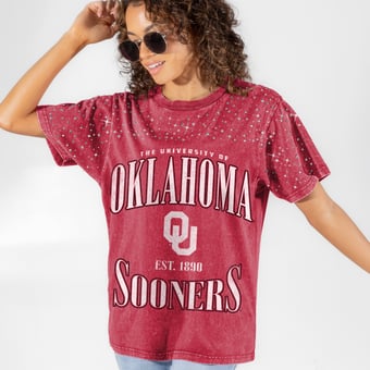 Women's Gameday Couture Crimson Oklahoma Sooners Sparkle & Score Washed Micro Rhinestone T-Shirt