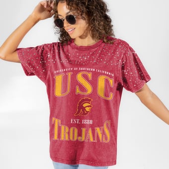 Women's Gameday Couture Cardinal USC Trojans Sparkle & Score Washed Micro Rhinestone T-Shirt