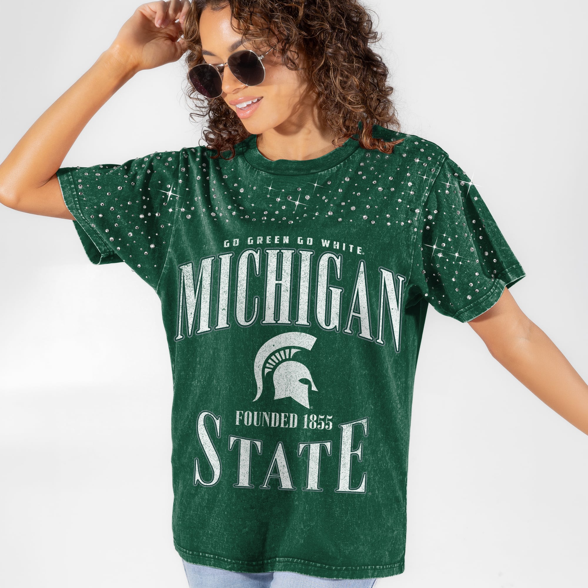 Women's Gameday Couture Green Michigan State Spartans Sparkle & Score Washed Micro Rhinestone T-Shirt