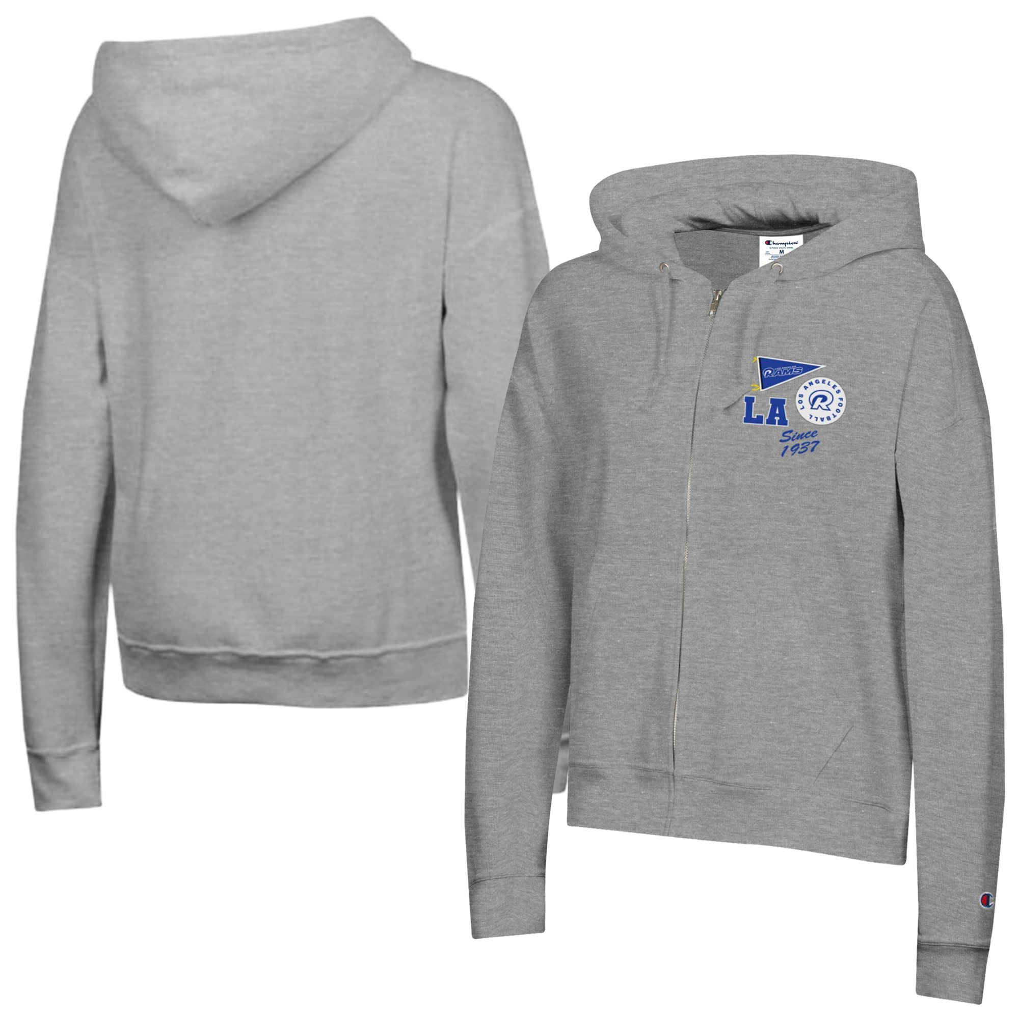 Women's Champion Heather Gray Los Angeles Rams Powerblend Fleece Full-Zip Hoodie