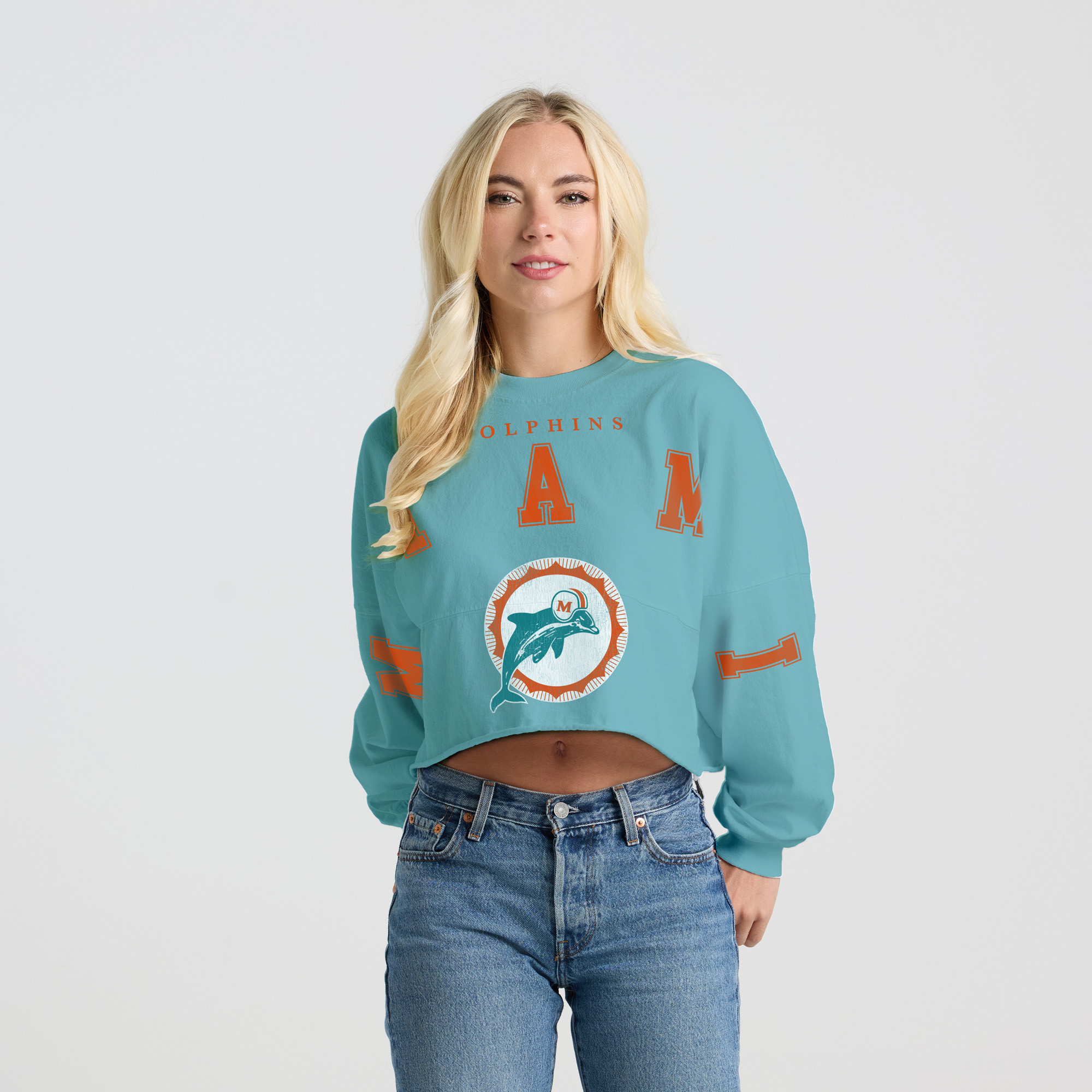 Women's Spirit Jersey Aqua Miami Dolphins Cropped Long Sleeve T-Shirt