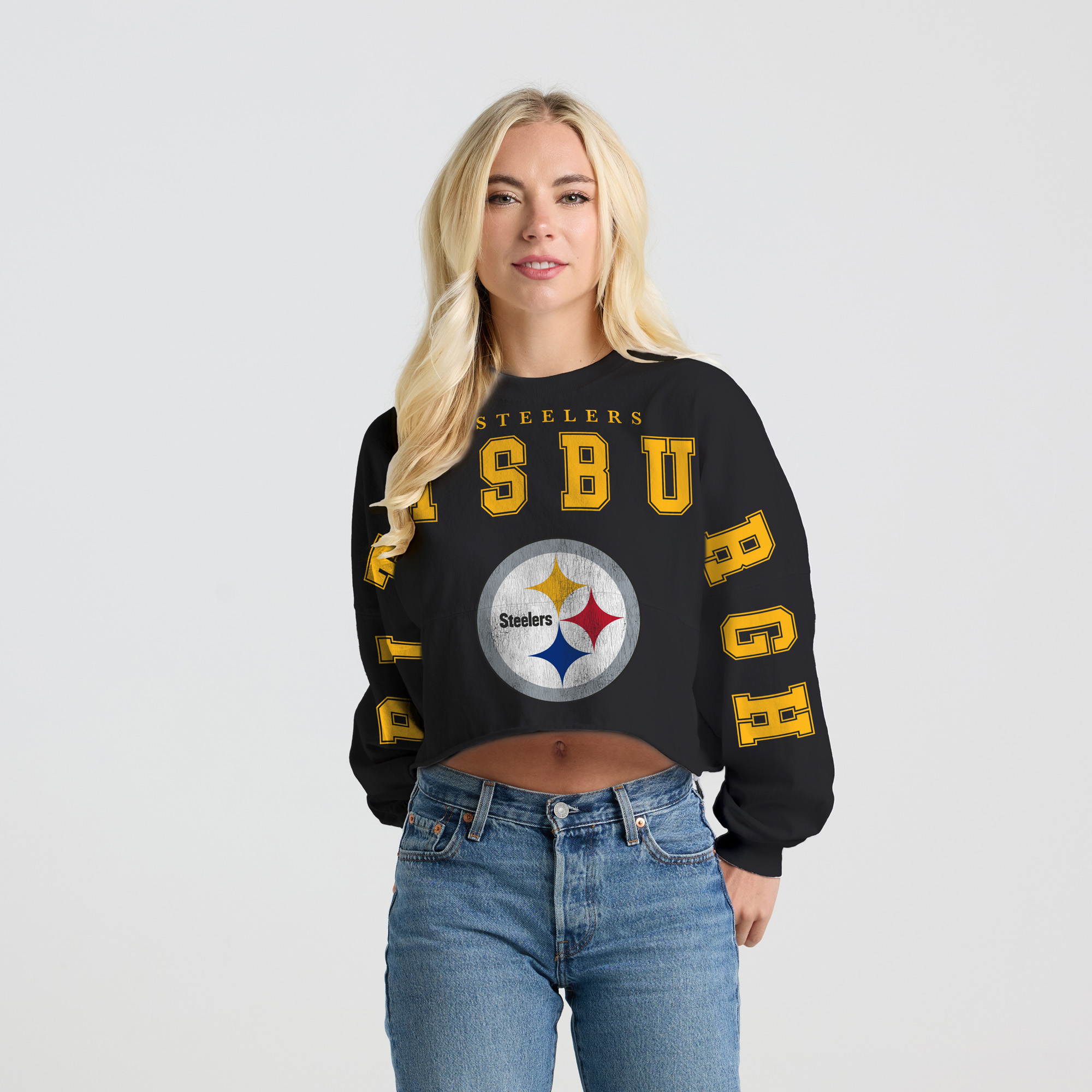 Women's Spirit Jersey Black Pittsburgh Steelers Cropped Long Sleeve T-Shirt