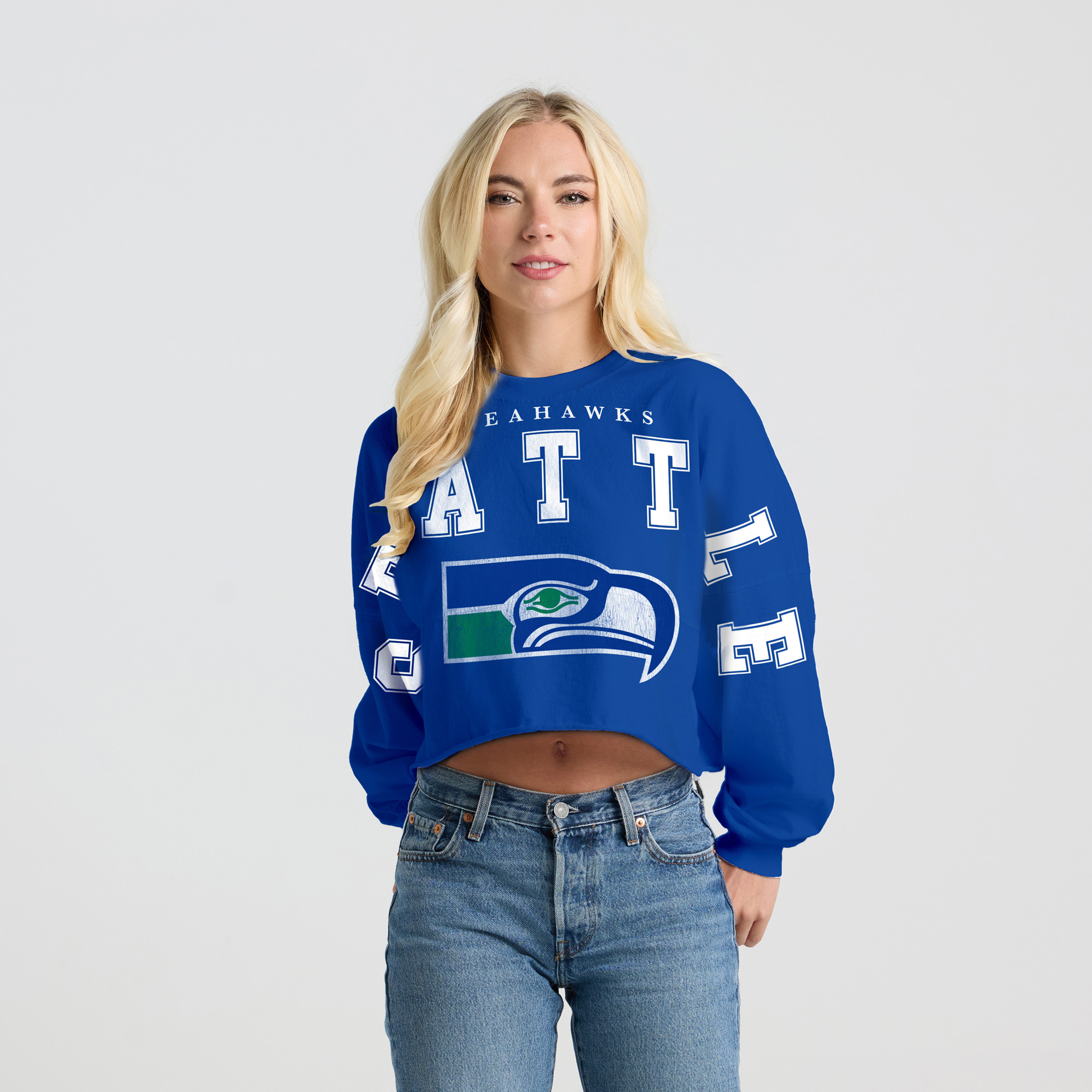 Spirit Jersey Women's Royal Seattle Seahawks Cropped Long-Sleeve T-Shirt - Royal
