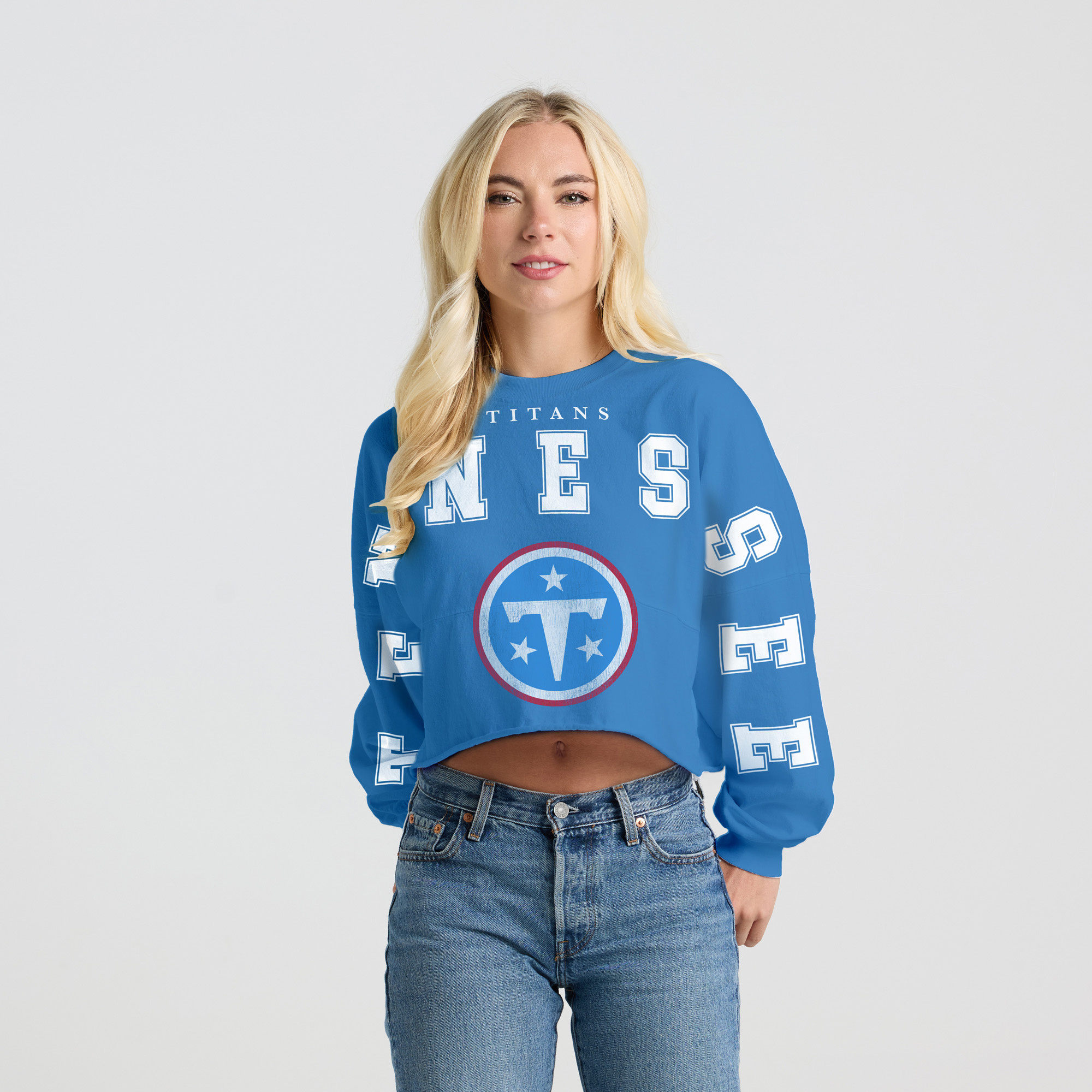 Women's Spirit Jersey Light Blue Tennessee Titans Cropped Long Sleeve T-Shirt
