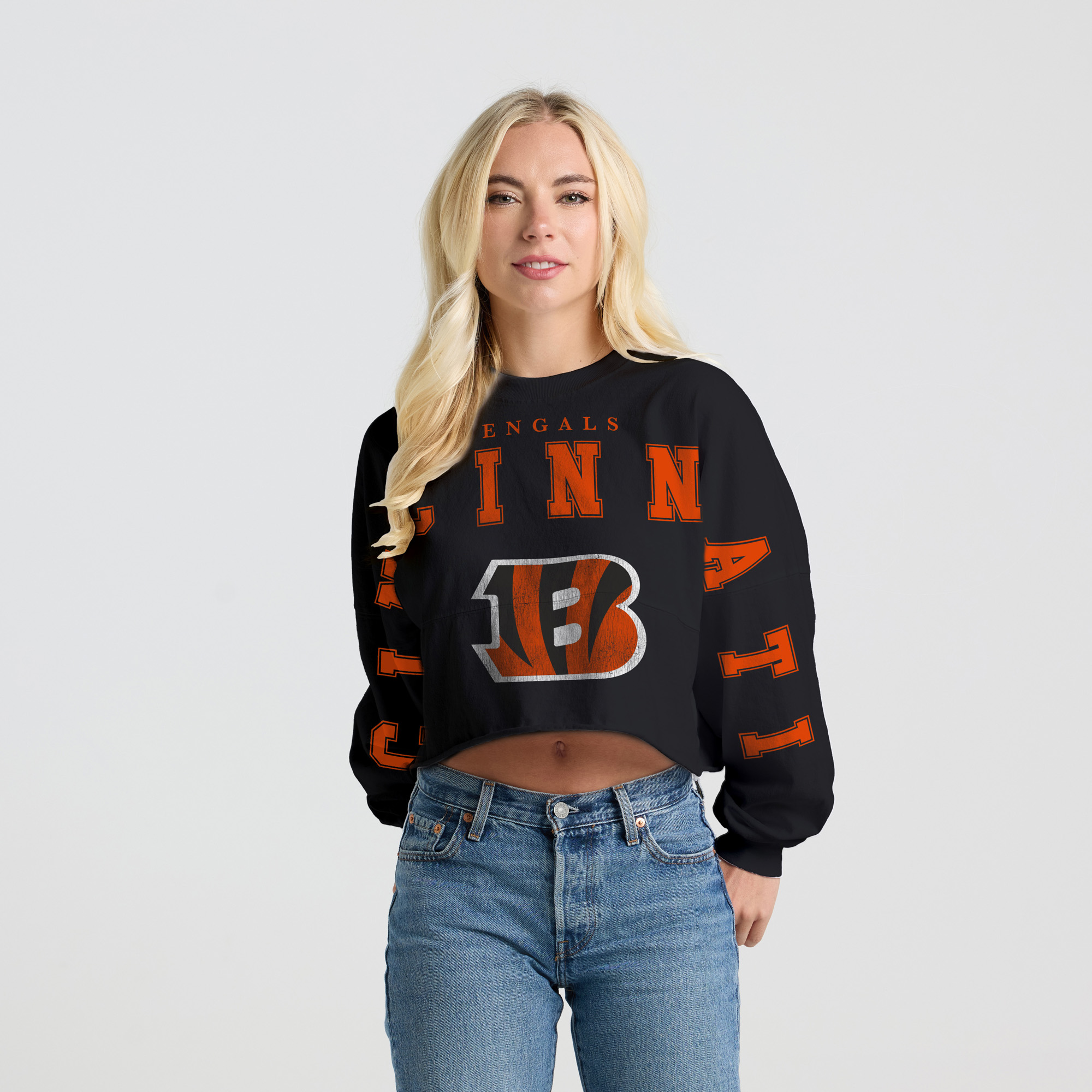 Women's Spirit Jersey Black Cincinnati Bengals Cropped Long Sleeve T-Shirt