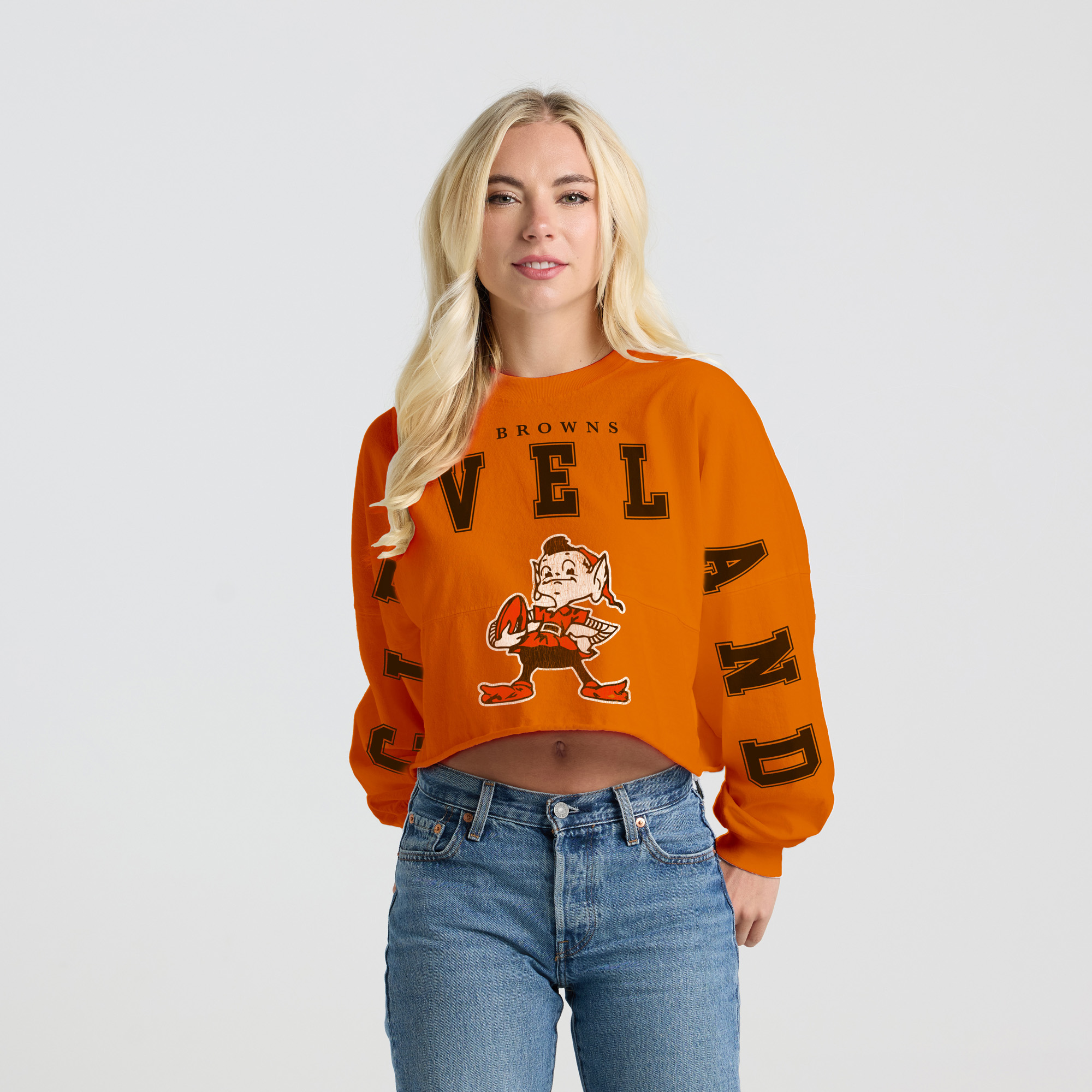 Women's Spirit Jersey Orange Cleveland Browns Cropped Long Sleeve T-Shirt