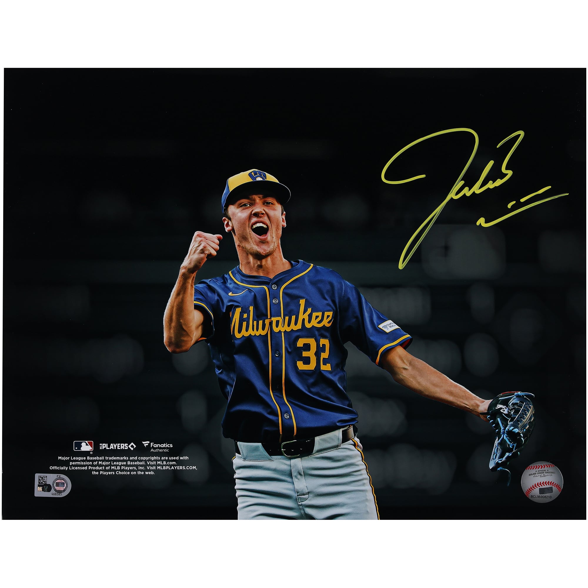 Fotografia autografata di Jacob Misiorowski dei Milwaukee Brewers, formato 11" x 14", che celebra uno strikeout.