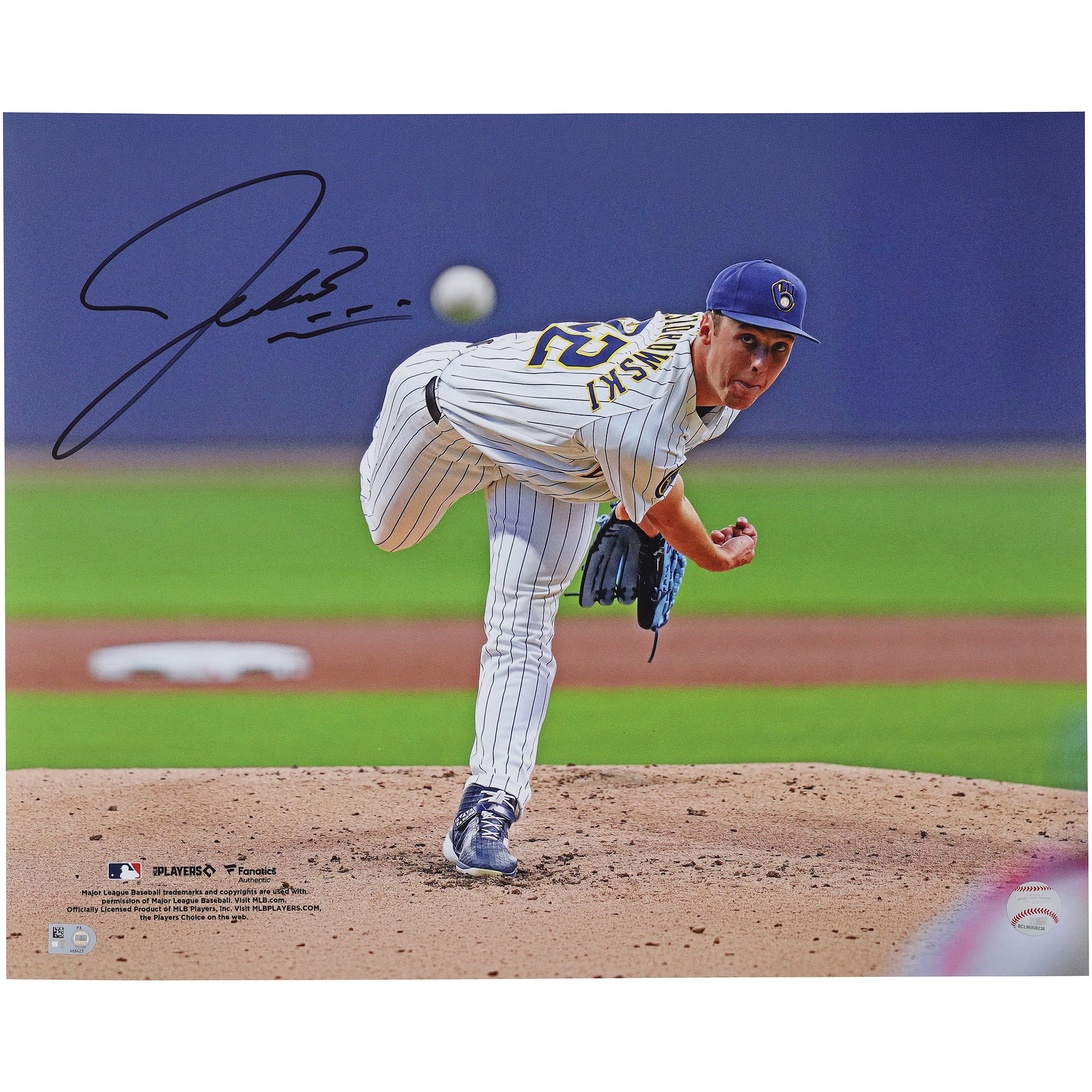 Fotografia autografata di Jacob Misiorowski dei Milwaukee Brewers, formato 16" x 20", durante una partita di lancio.