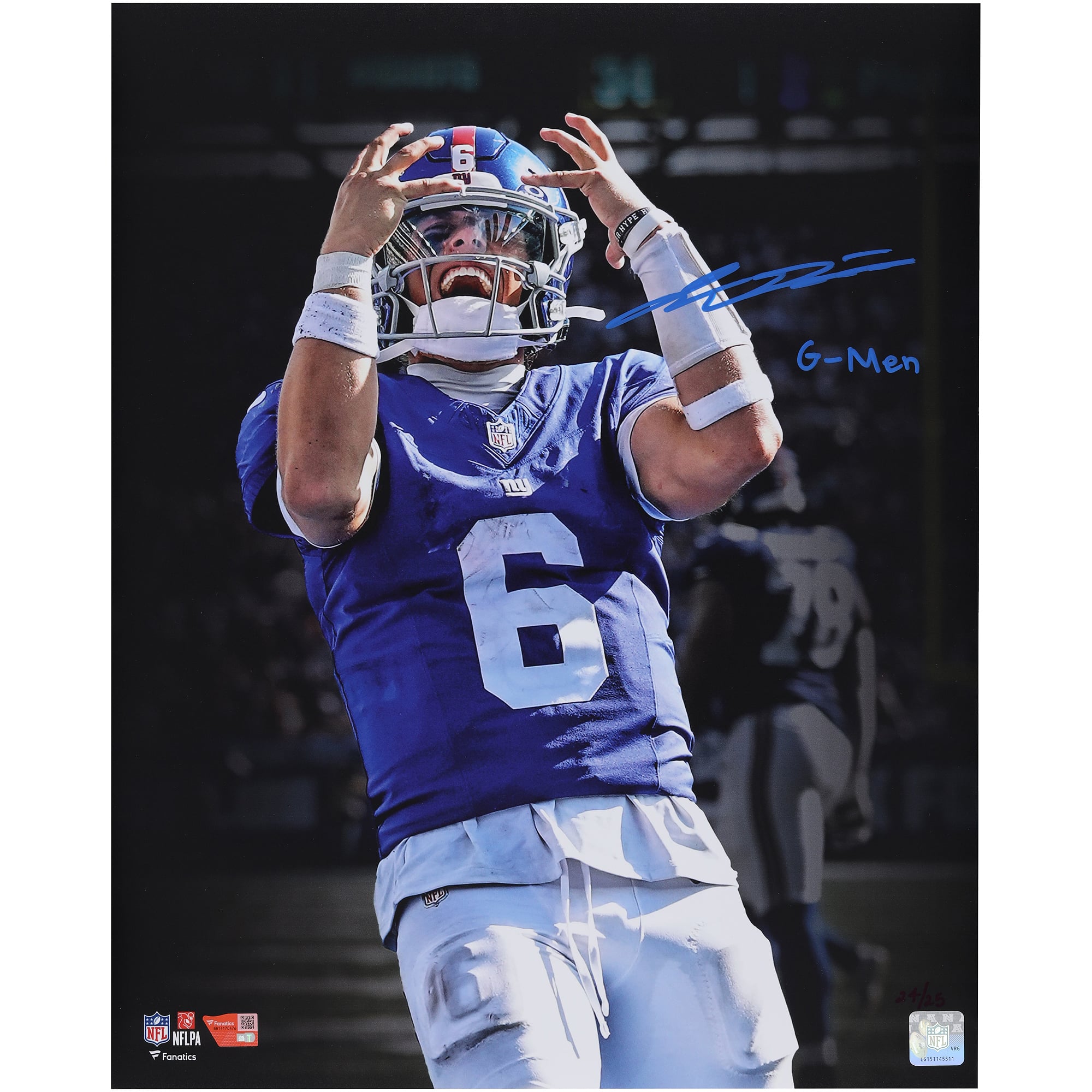 Jaxson Dart New York Giants Autographed 16" x 20" Unleashed Black Spotlight Photograph with Blue Signature - Limited Edition of 25