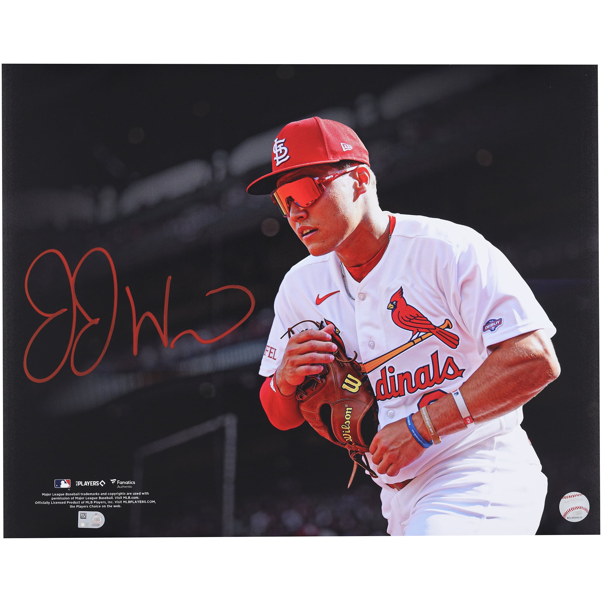 Fotografia autografata di JJ Wetherholt dei St. Louis Cardinals, formato 16" x 20", scattata al suo debutto in MLB.
