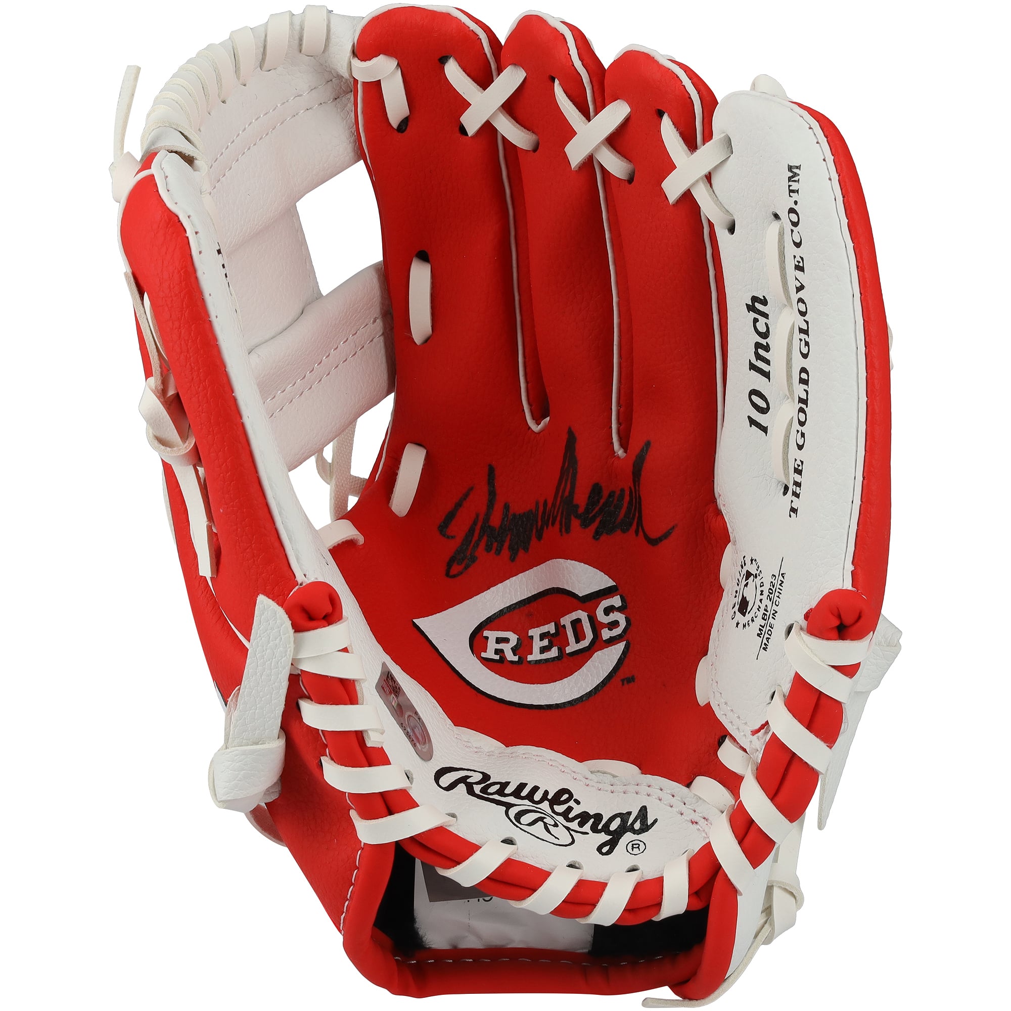 Guanto da collezione Rawlings da 10 pollici autografato da Johnny Bench dei Cincinnati Reds con logo della squadra.
