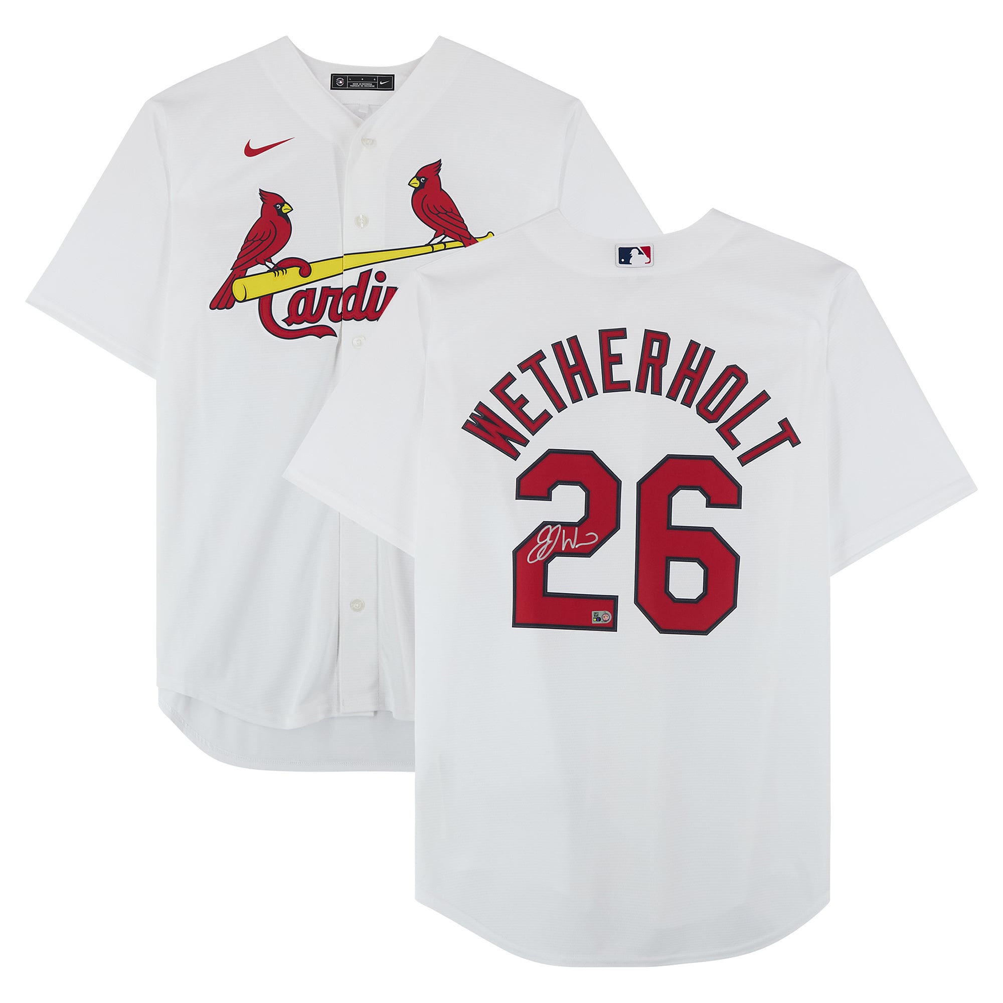 Maglia replica bianca Nike autografata da JJ Wetherholt dei St. Louis Cardinals.