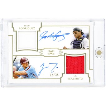 Ivan Rodriguez & J.T. Realmuto Autographed 2024 Topps Definitive Collection Dual Game Used Relics #DAR-RRO #12/35 Card