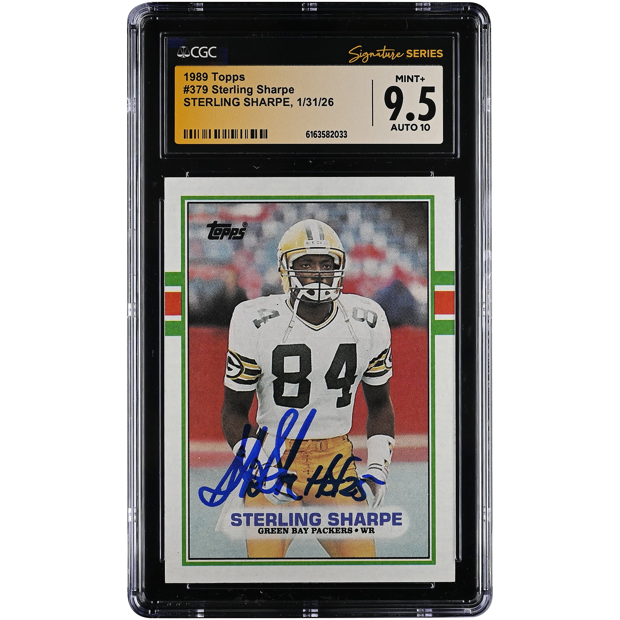 Tarjeta de novato autografiada de Sterling Sharpe de los Green Bay Packers, Topps #379 de 1989, autenticada por CGC, calificación 9.5/10.