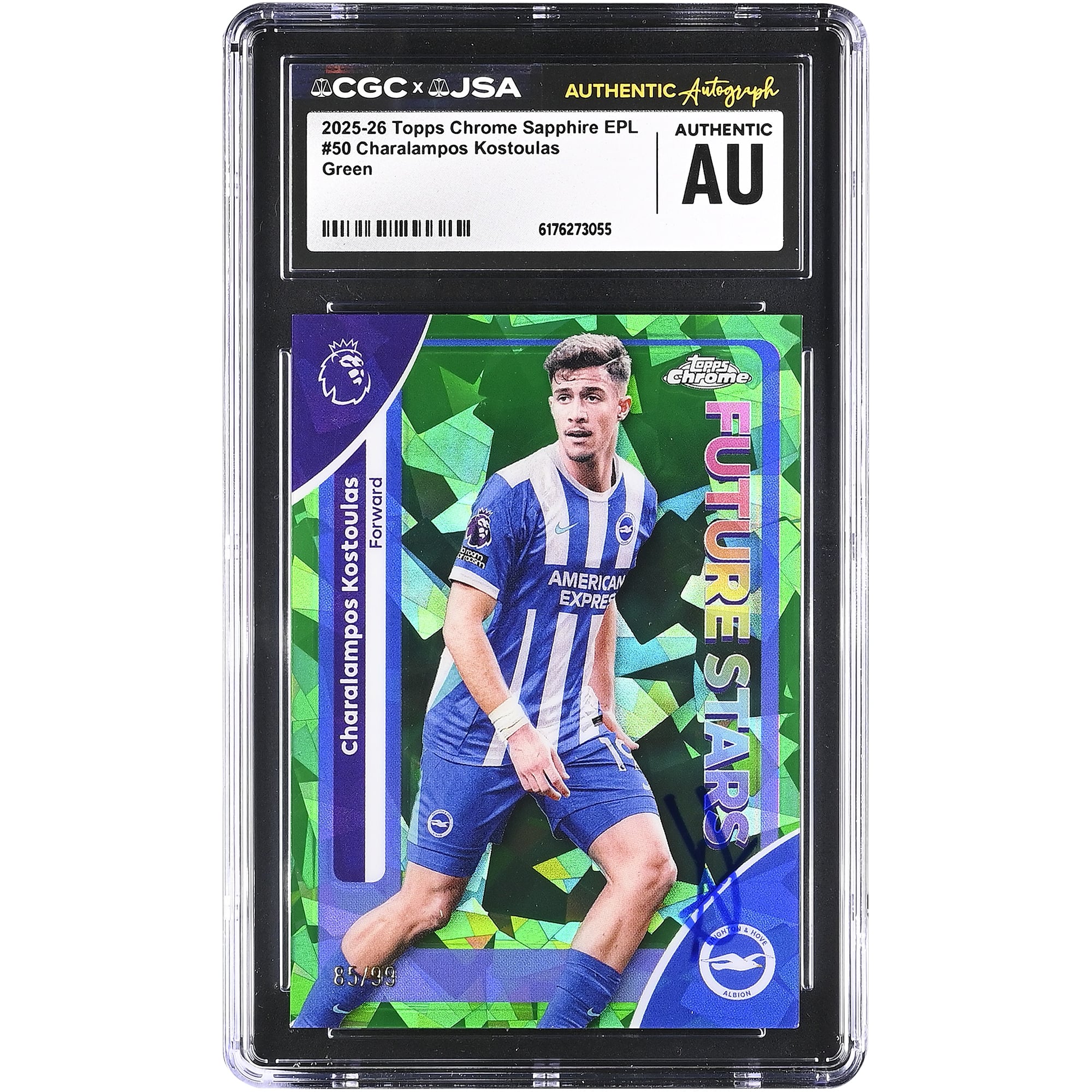 Charalampos Kostoulas Brighton and Hove Albion Autographed 2025-26 Topps Chrome Sapphire EPL Green #50 #/99 CGC Authenticated Card