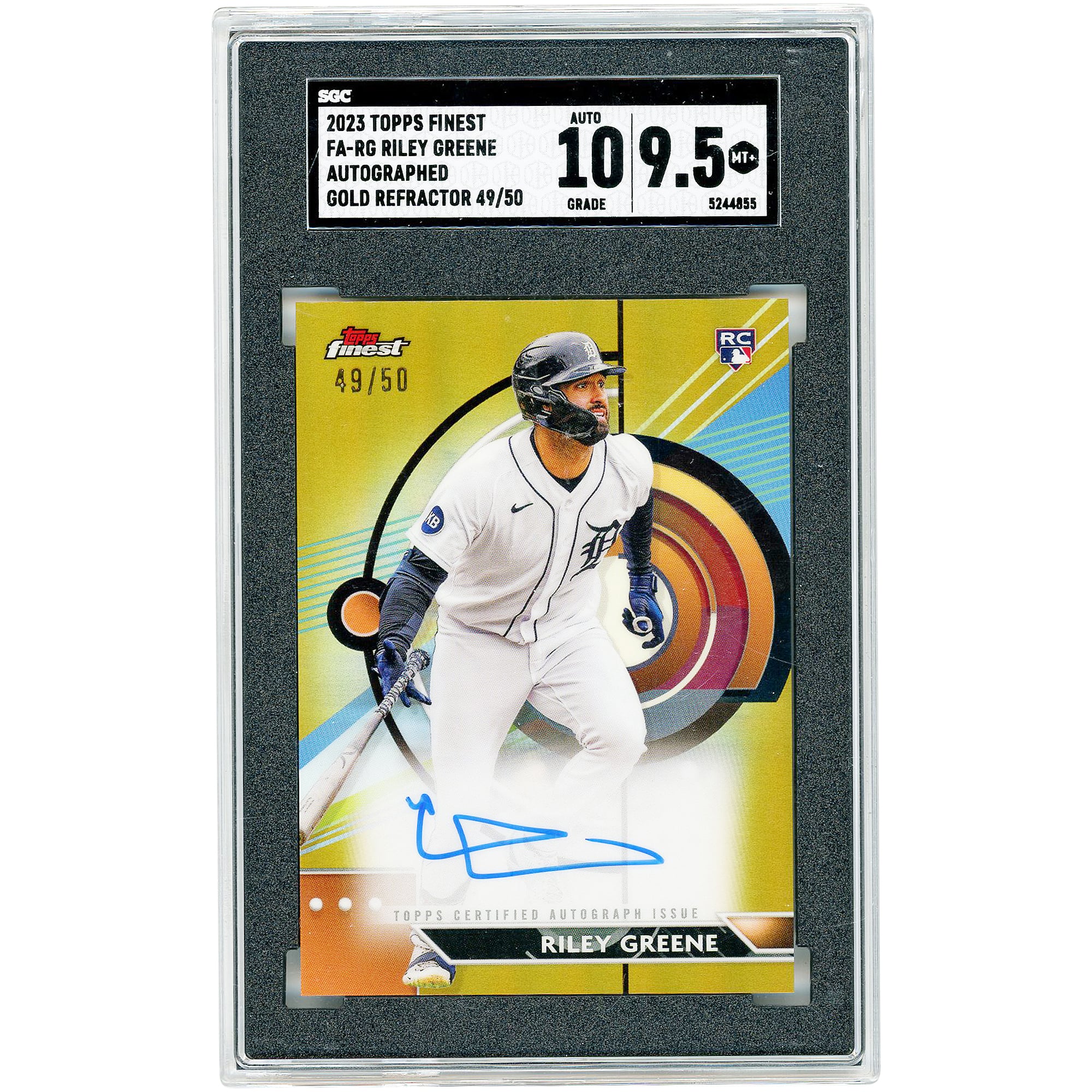 Tarjeta de novato autografiada de Riley Greene de los Detroit Tigers, Topps Finest Gold Refractor 2023 #FA-RG #49/50, autenticada por SGC, calificación 9.5/10.