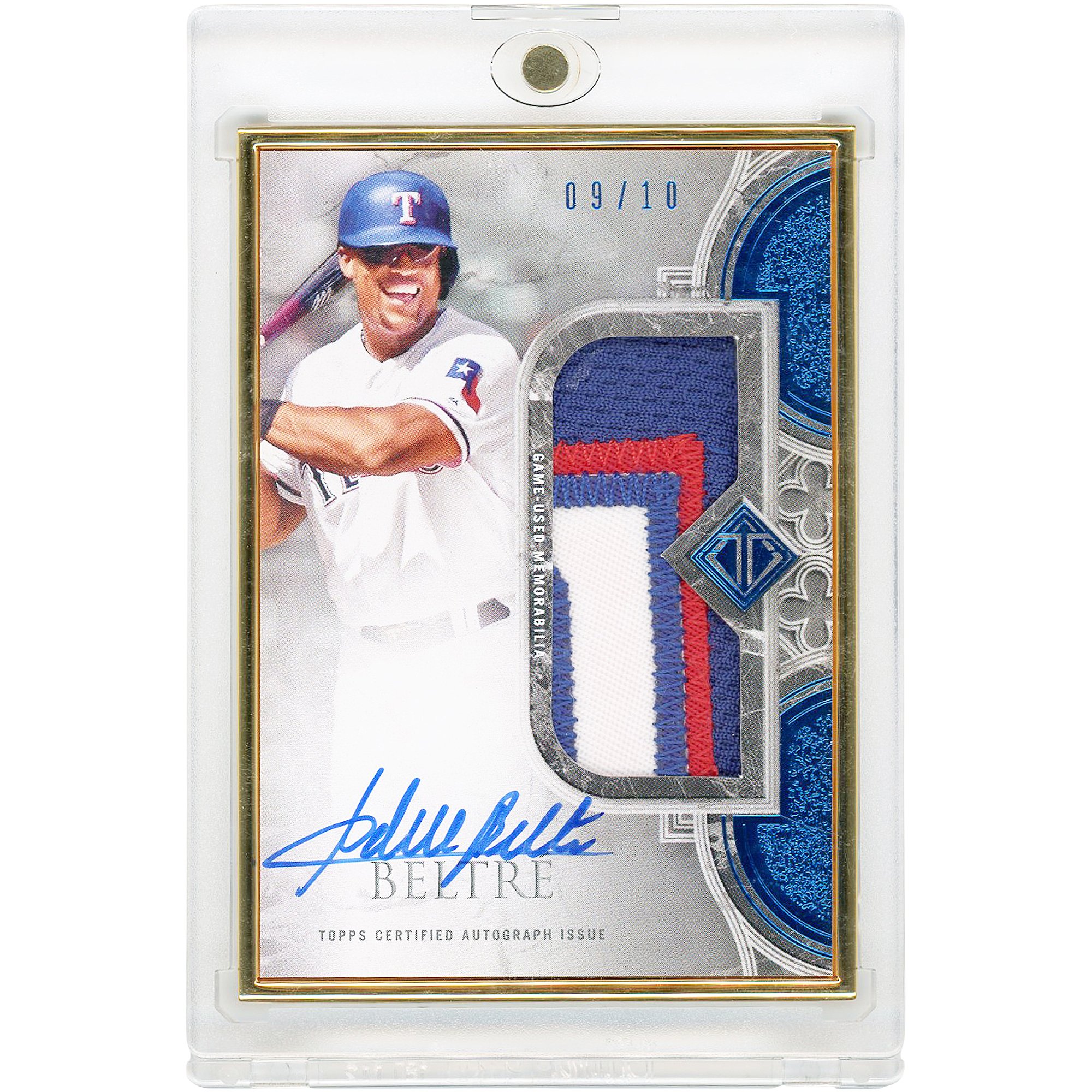 Carta autografata di Adrian Beltre dei Texas Rangers, 2023 Topps Transcendent Quad-Color Game Used Relic #TCPA-ABE #9/10