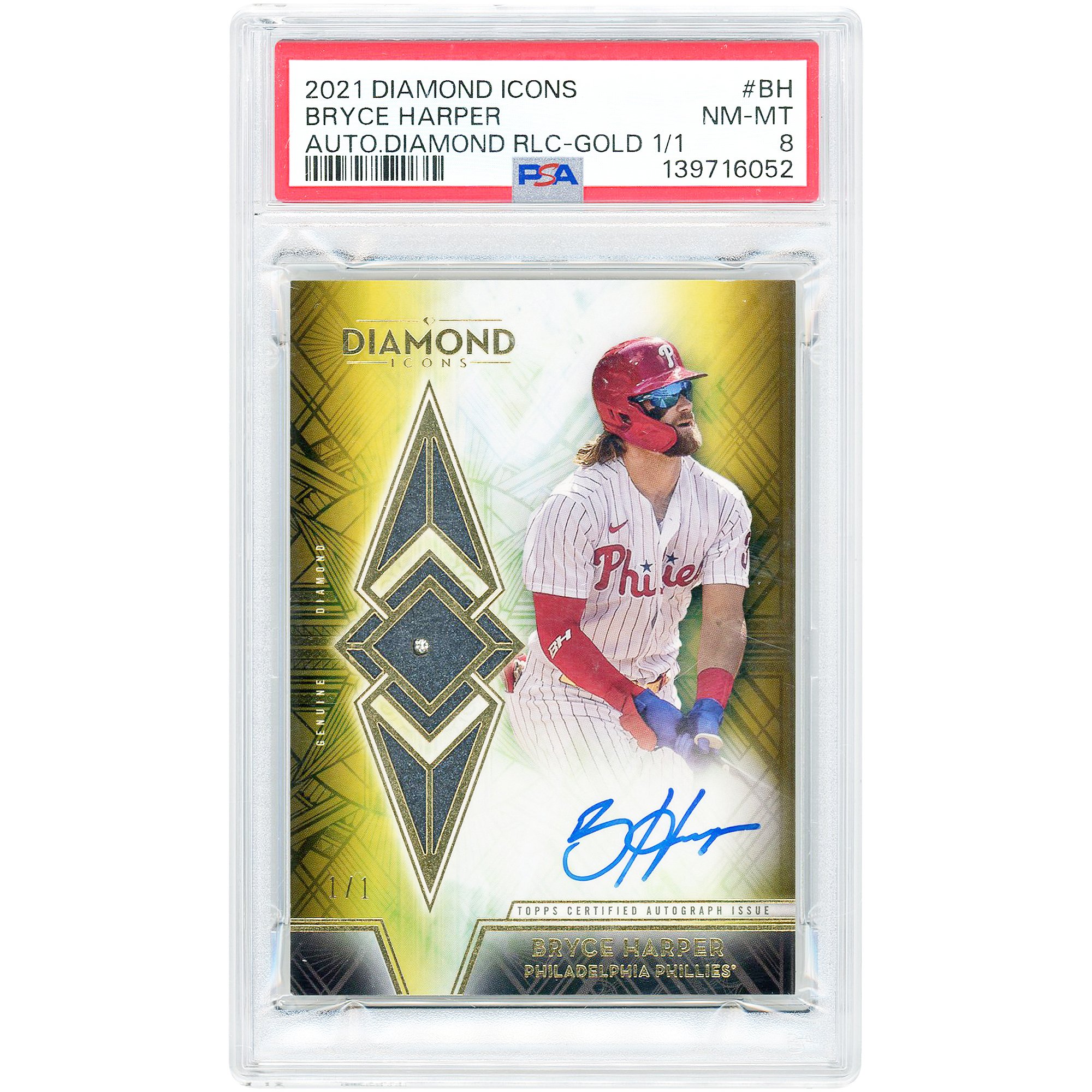 Tarjeta autografiada de Bryce Harper de los Philadelphia Phillies, Topps Diamond Icons Diamond Gem Relic Gold 2021 #ADR-BH #1/1, autenticada por PSA.