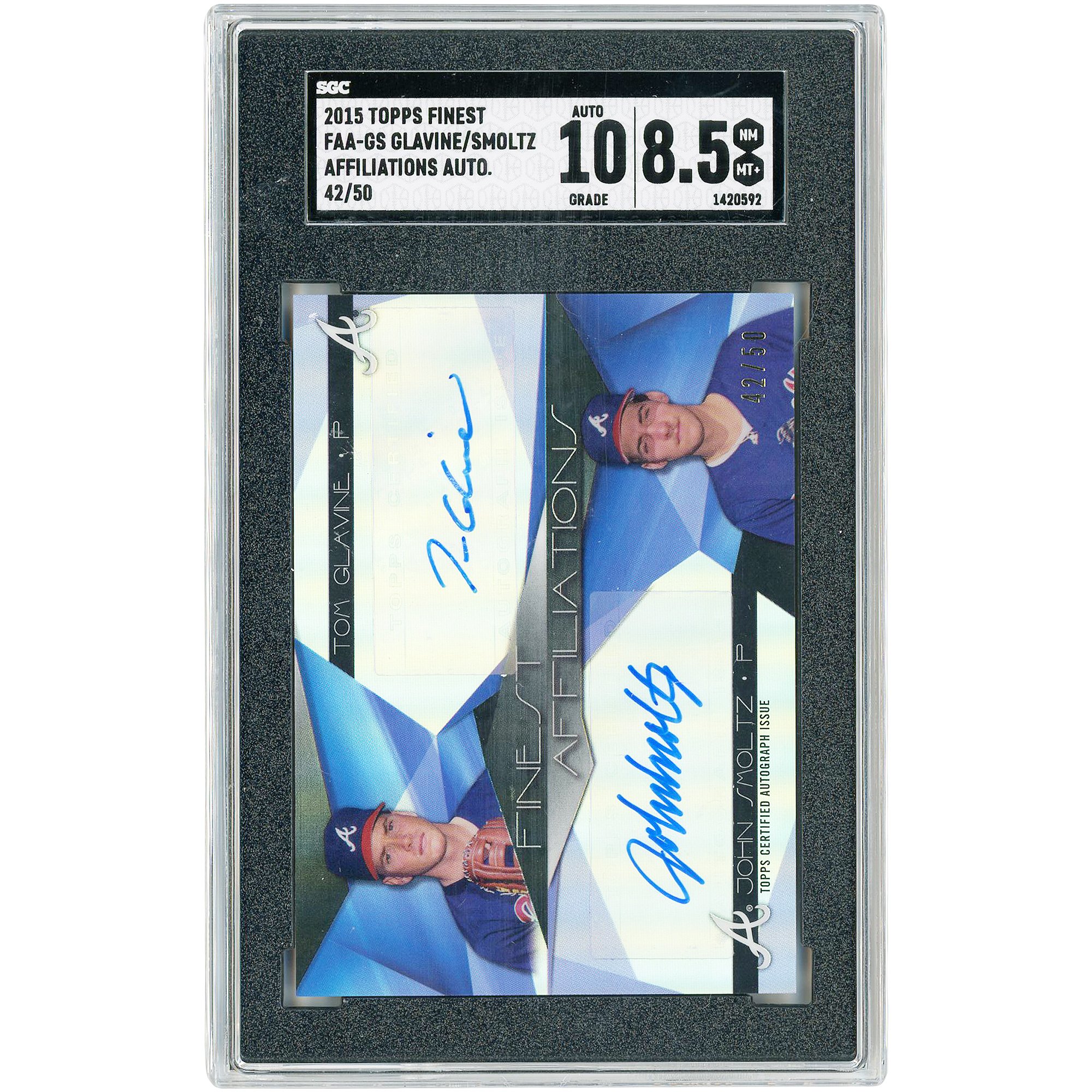 Carta autografata di Tom Glavine e John Smoltz degli Atlanta Braves, edizione Topps Finest Affiliations 2015, doppia autografata #FAA-GS #42/50, autenticata da SGC, valutazione 8.5/10.