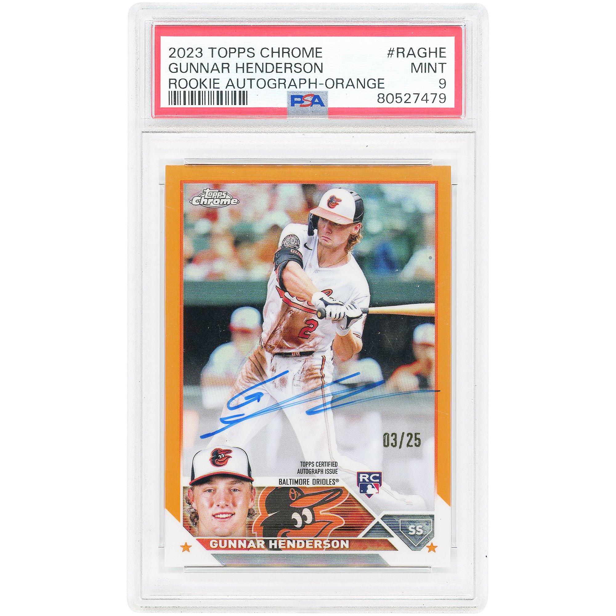 Carta da collezione rookie autografata di Gunnar Henderson dei Baltimore Orioles, edizione 2023 Topps Chrome Orange Refractor #RA-GHE #3/25, autenticata da PSA (grado 9).