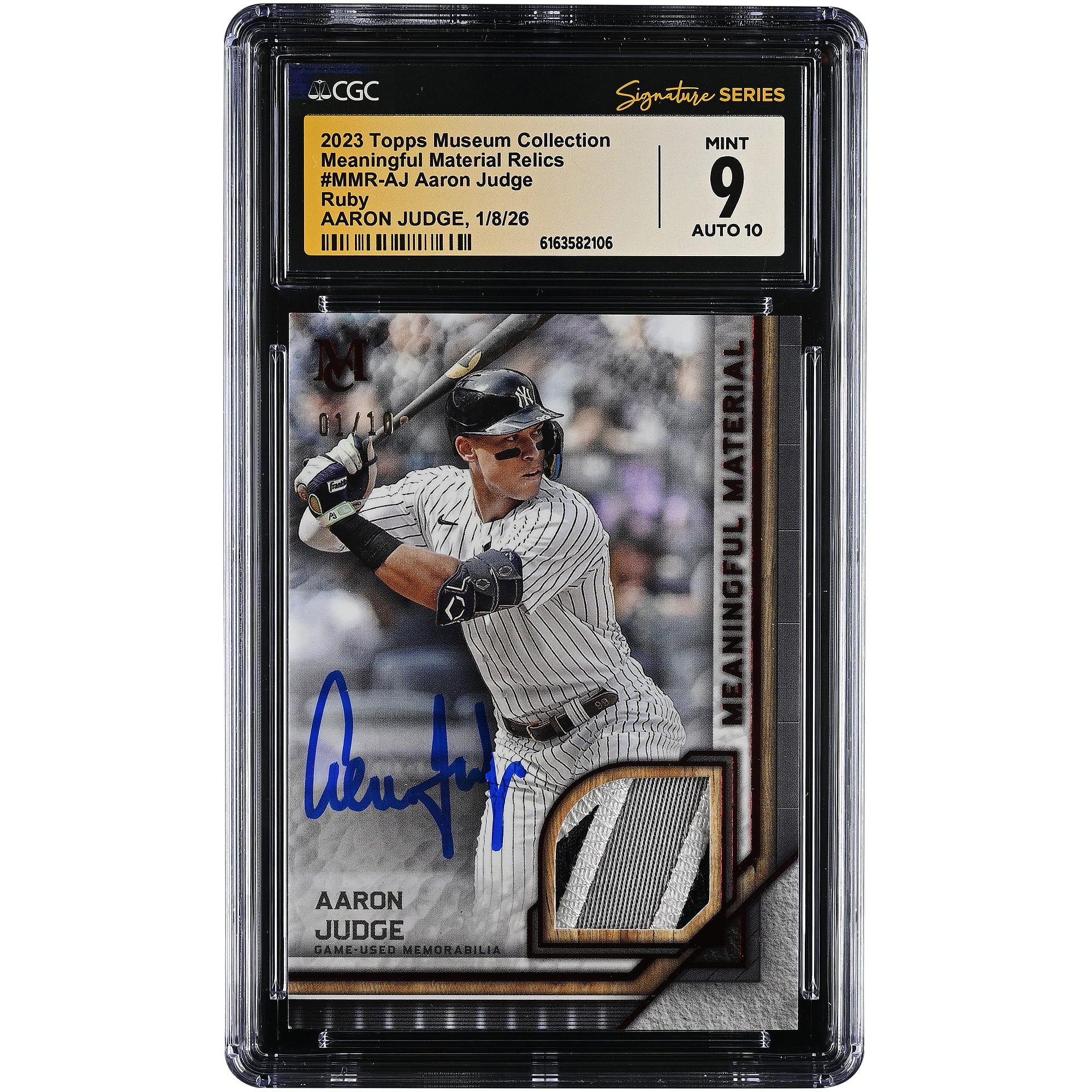Carta autografata Aaron Judge dei New York Yankees, collezione Topps Museum 2023, cimelio usato in partita #MMR-AJ #1/10, autenticata da CGC, valutazione 9/10.