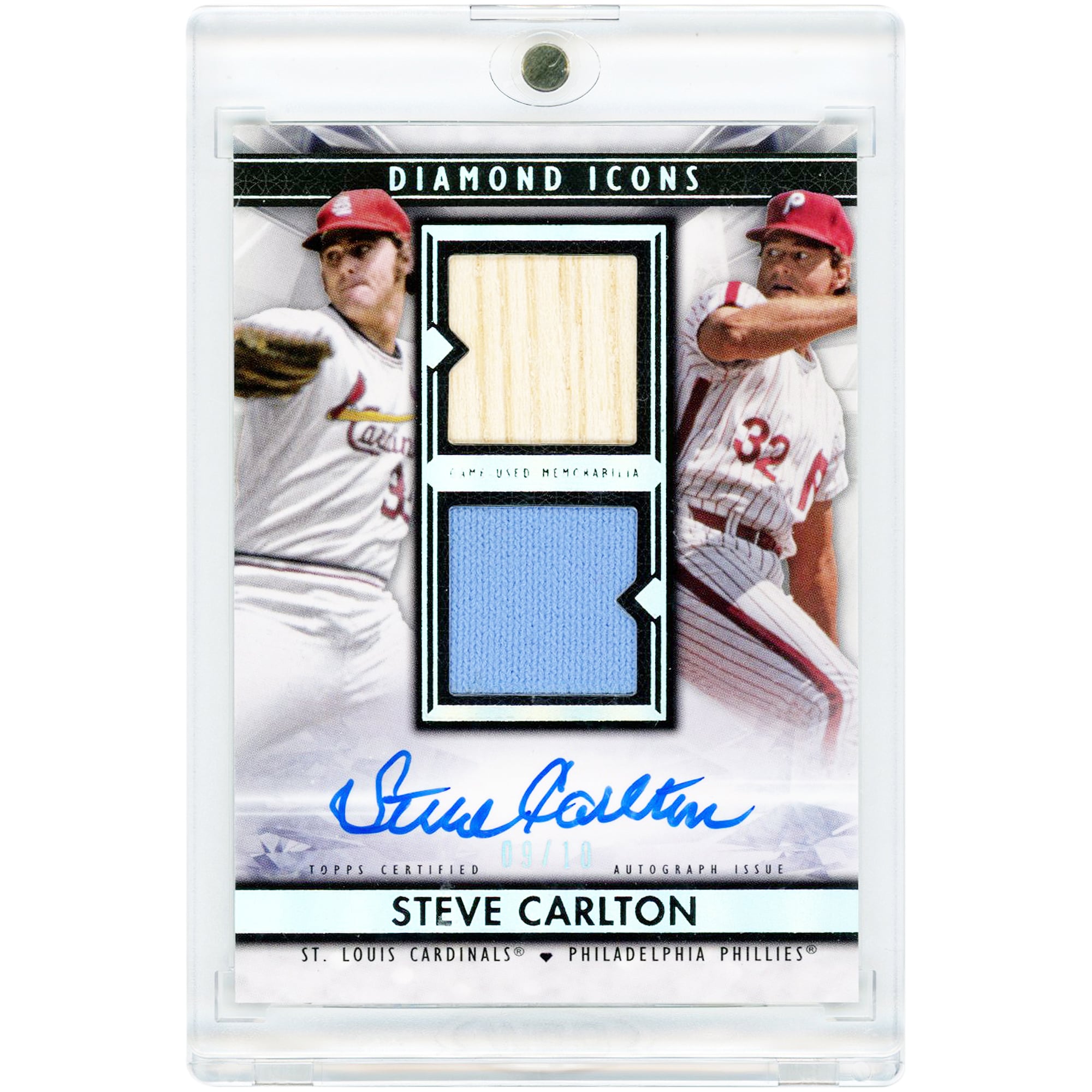 Tarjeta autografiada de Steve Carlton, Philadelphia Phillies y St. Louis Cardinals, Topps Diamond Icons Dual Team Bat/Jersey Relics 2019 #SPDT-SC #9/10