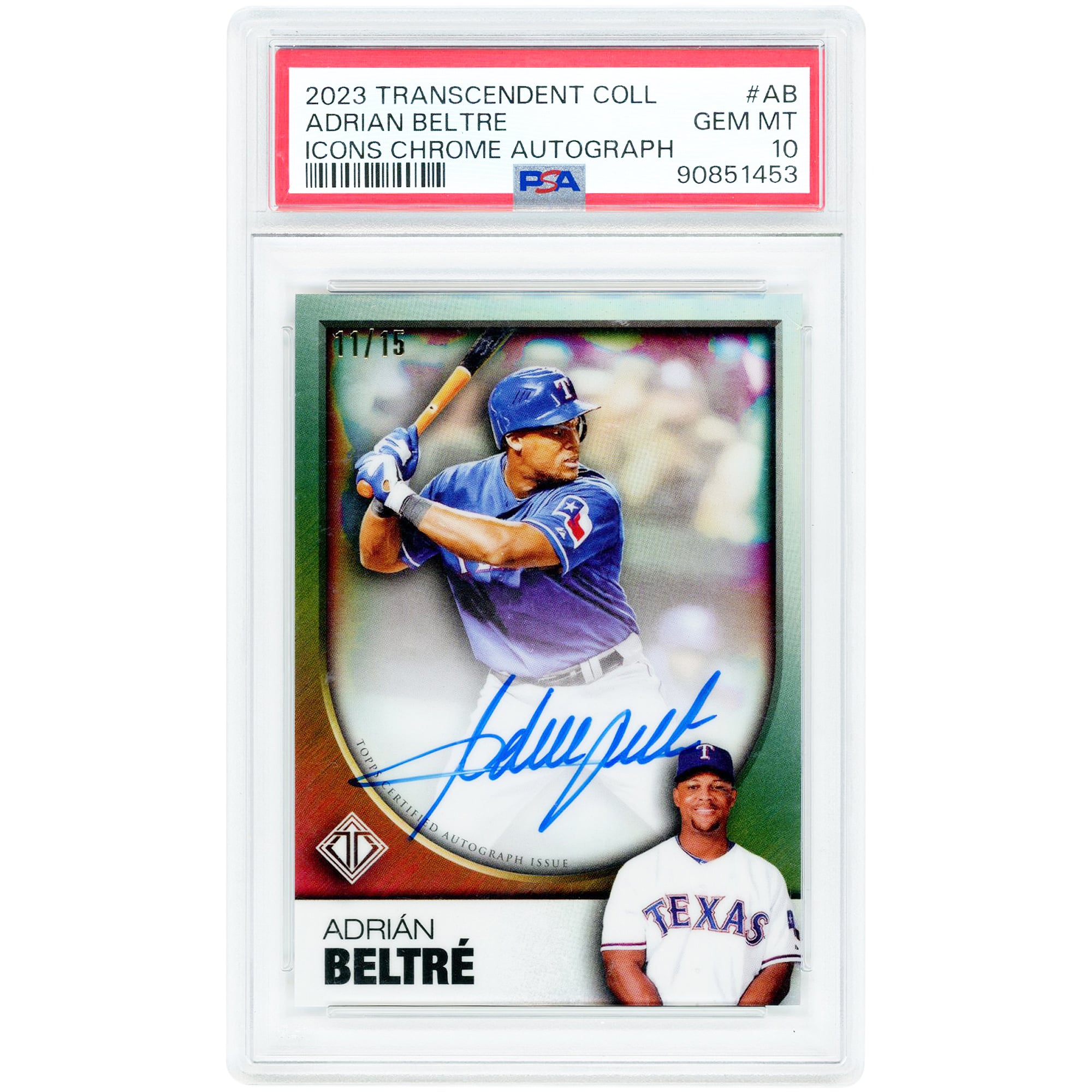 Adrian Beltre Texas Rangers Autografato 2023 Topps Transcendent Collection Icons Chrome #TICAV-AB # 11/15 Carta autenticata da PSA