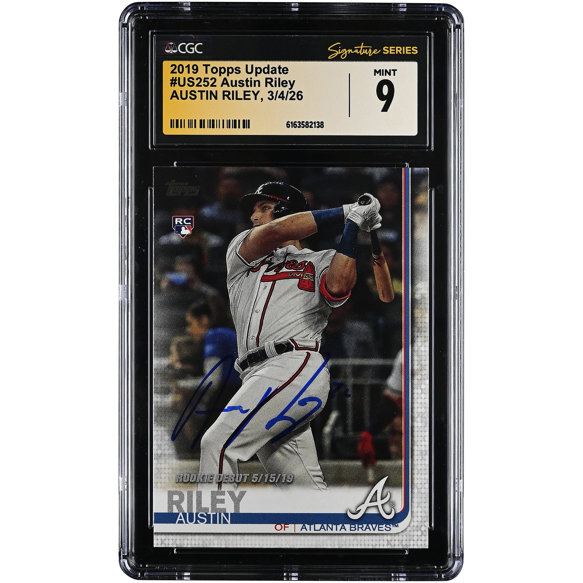 Carta da collezione rookie autografata di Austin Riley degli Atlanta Braves, edizione 2019 Topps Update #US252, autenticata da CGC, in condizioni perfette (Mint 9).