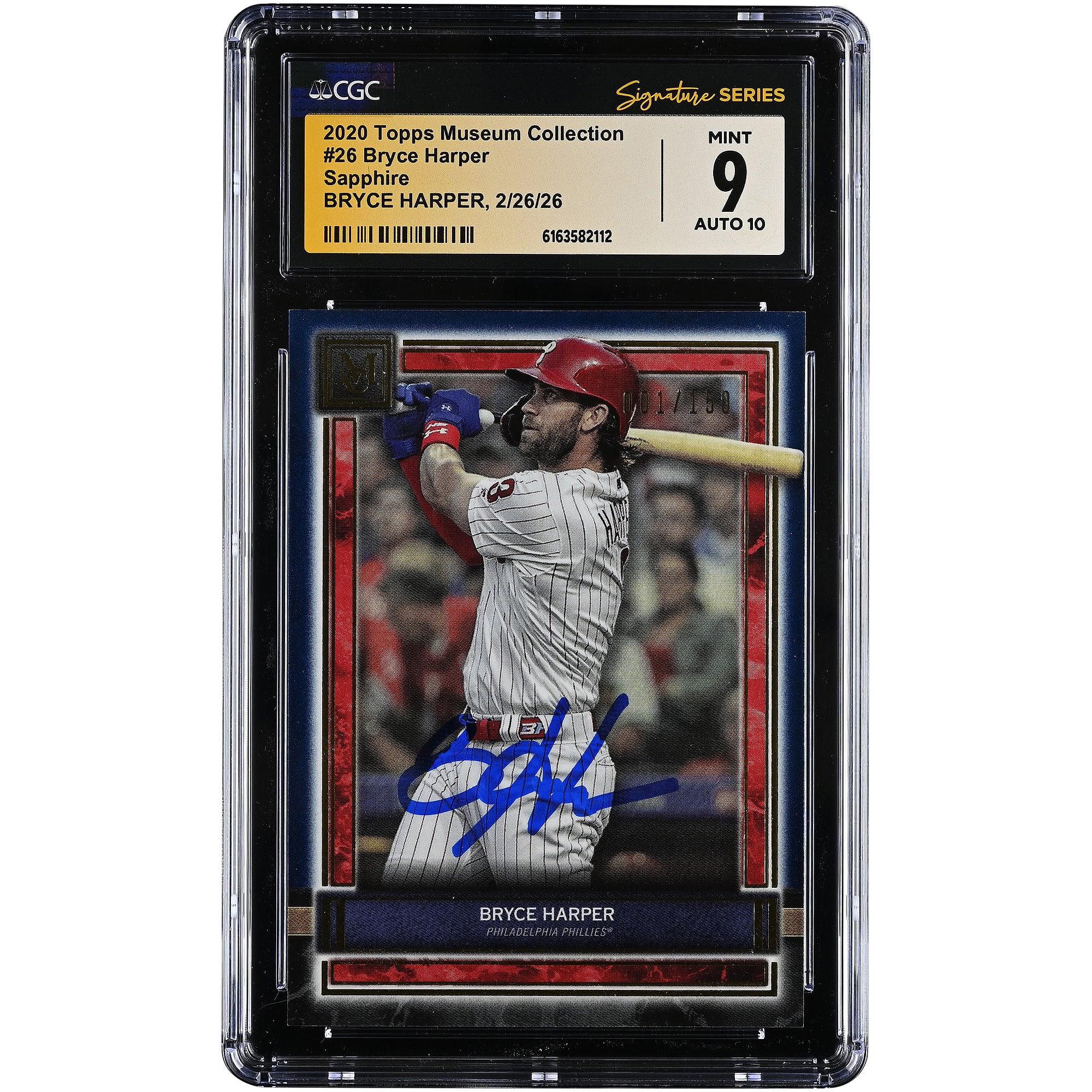 Carta autografata di Bryce Harper dei Philadelphia Phillies, collezione Topps Museum 2020 n. 26/150, autenticata da CGC, valutazione 9/10.