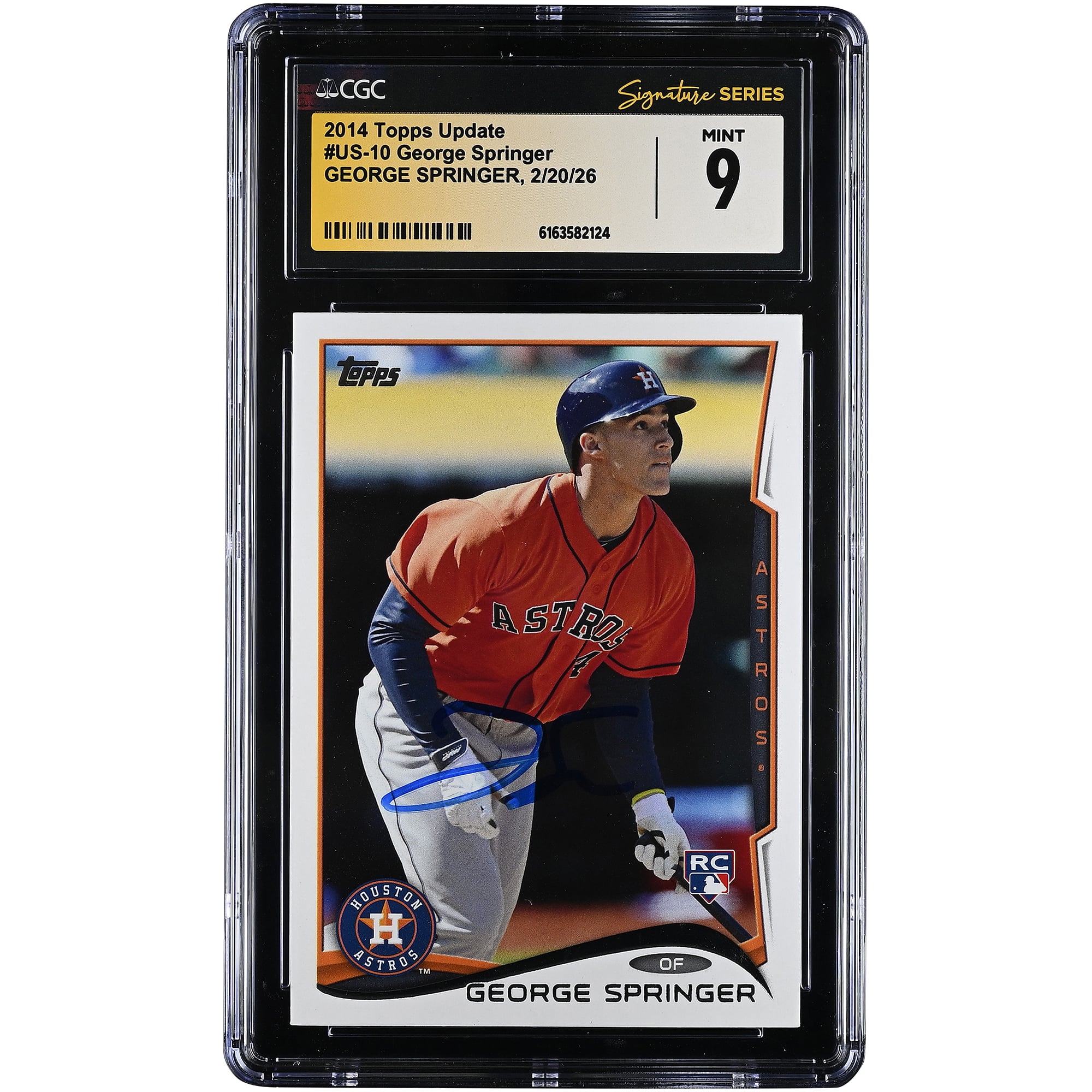 Tarjeta de novato autografiada de George Springer de los Houston Astros, Topps Update 2014 #US-10, autenticada por CGC, en perfecto estado (Mint 9).