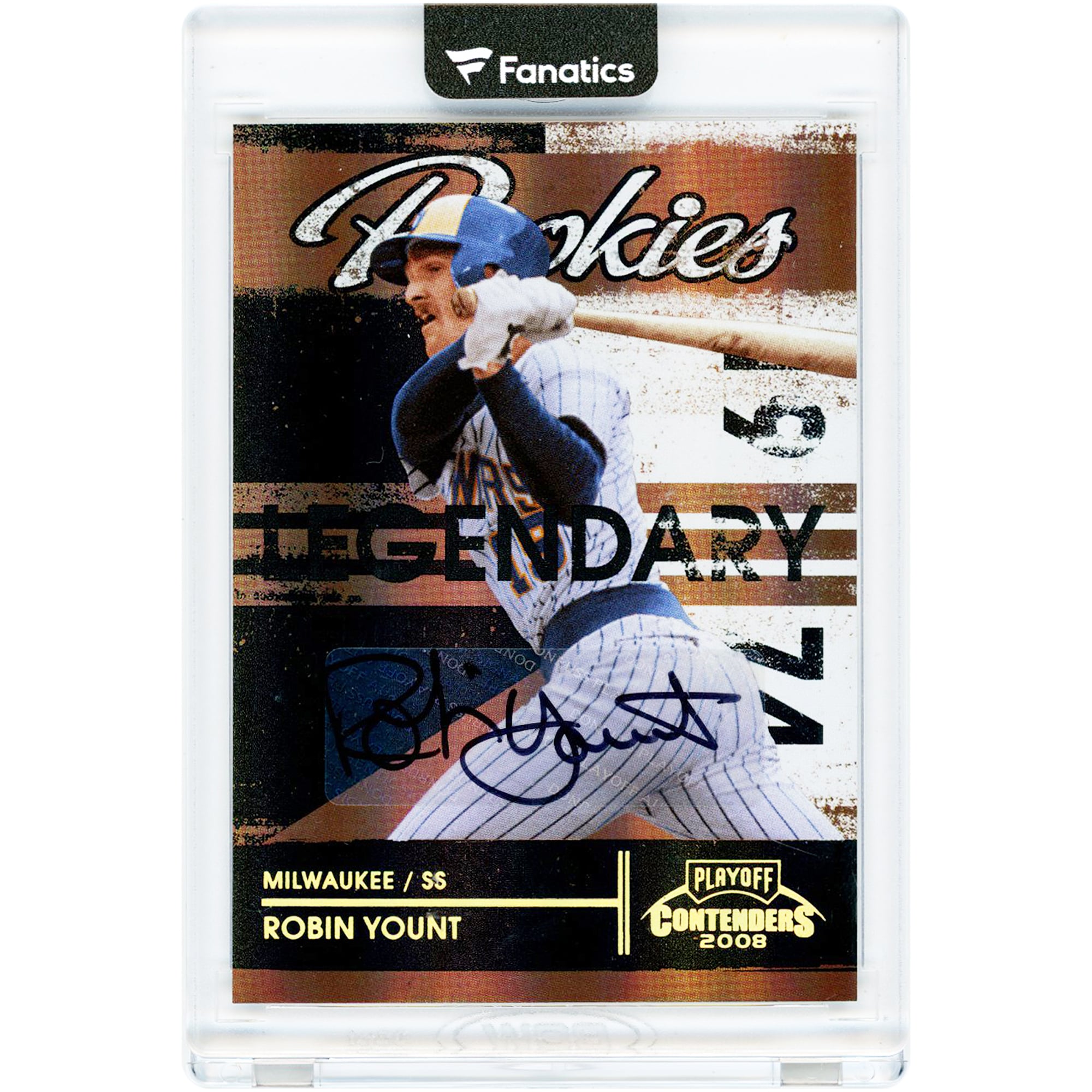 Carta autografata di Robin Yount dei Milwaukee Brewers, serie "Playoff Contenders Legendary Rookies" del 2008, numero 5 e numero 21/25.