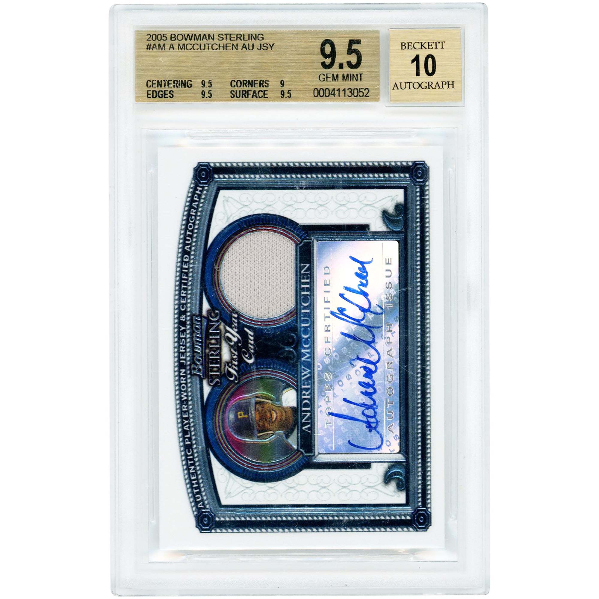 Andrew McCutchen Pittsburgh Pirates Autographed 2005 Bowman Sterling First Year Card Jersey Relic #BS-AM BGS Authenticated 9.5/10 Card - 9.5,9,9.5,9.5 Subgrades. rookie card picture