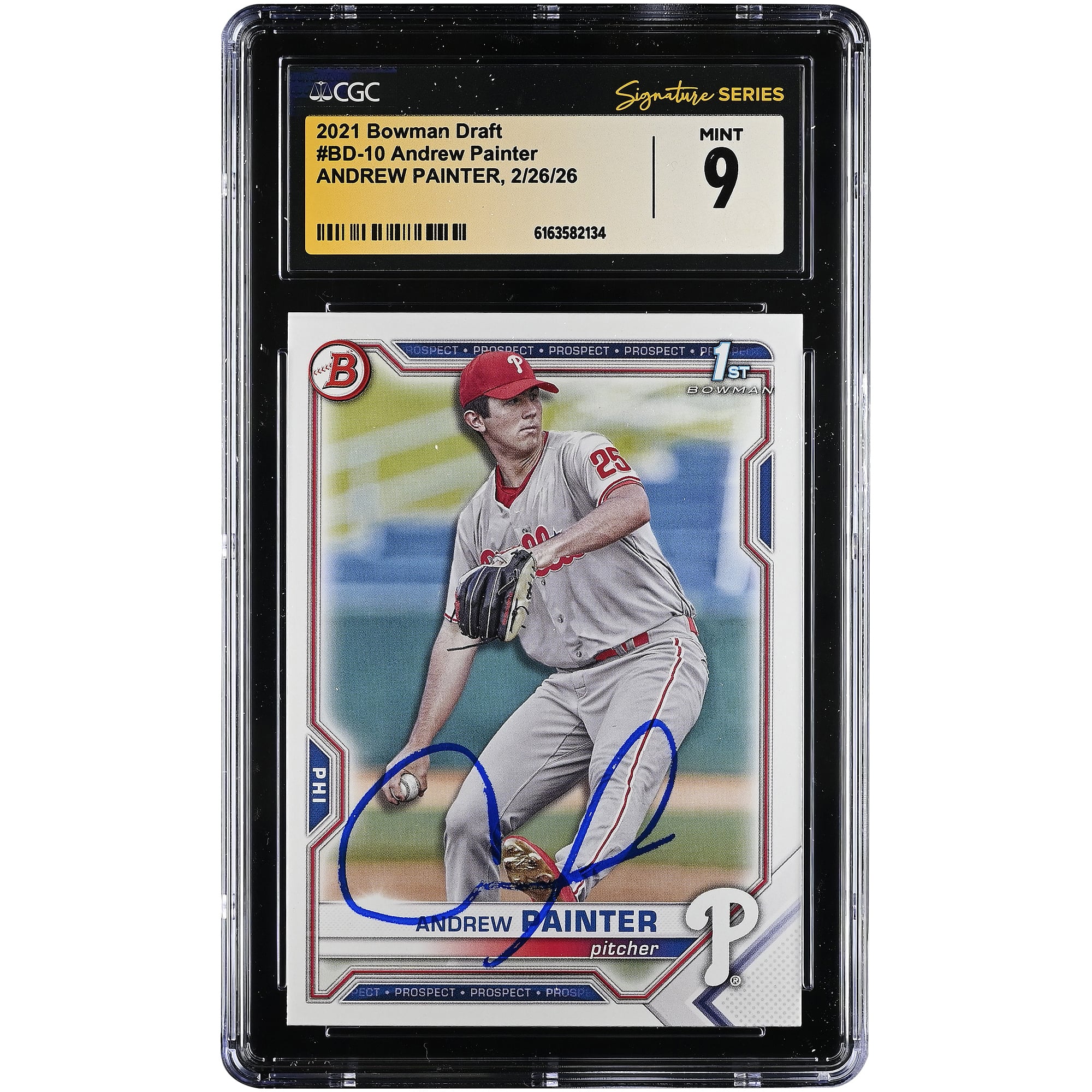 Tarjeta autografiada de Andrew Painter de los Philadelphia Phillies, Draft Bowman 2021 #BD-10, autenticada por CGC, en perfecto estado (9 estrellas).