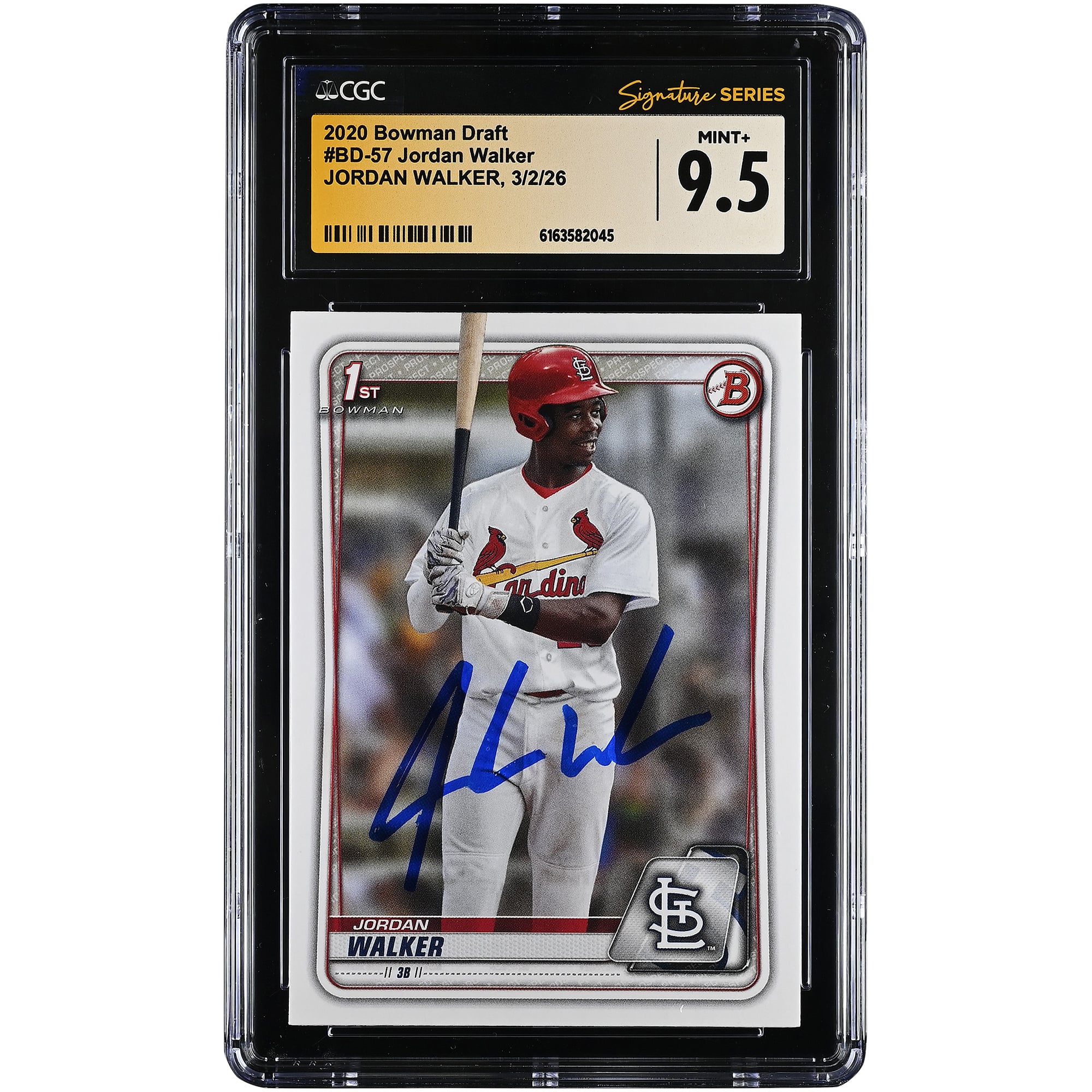 Carta autografata di Jordan Walker dei St. Louis Cardinals, edizione 2020 Bowman Draft #BD-57, autenticata da CGC, in condizioni MINT+ 9.5.