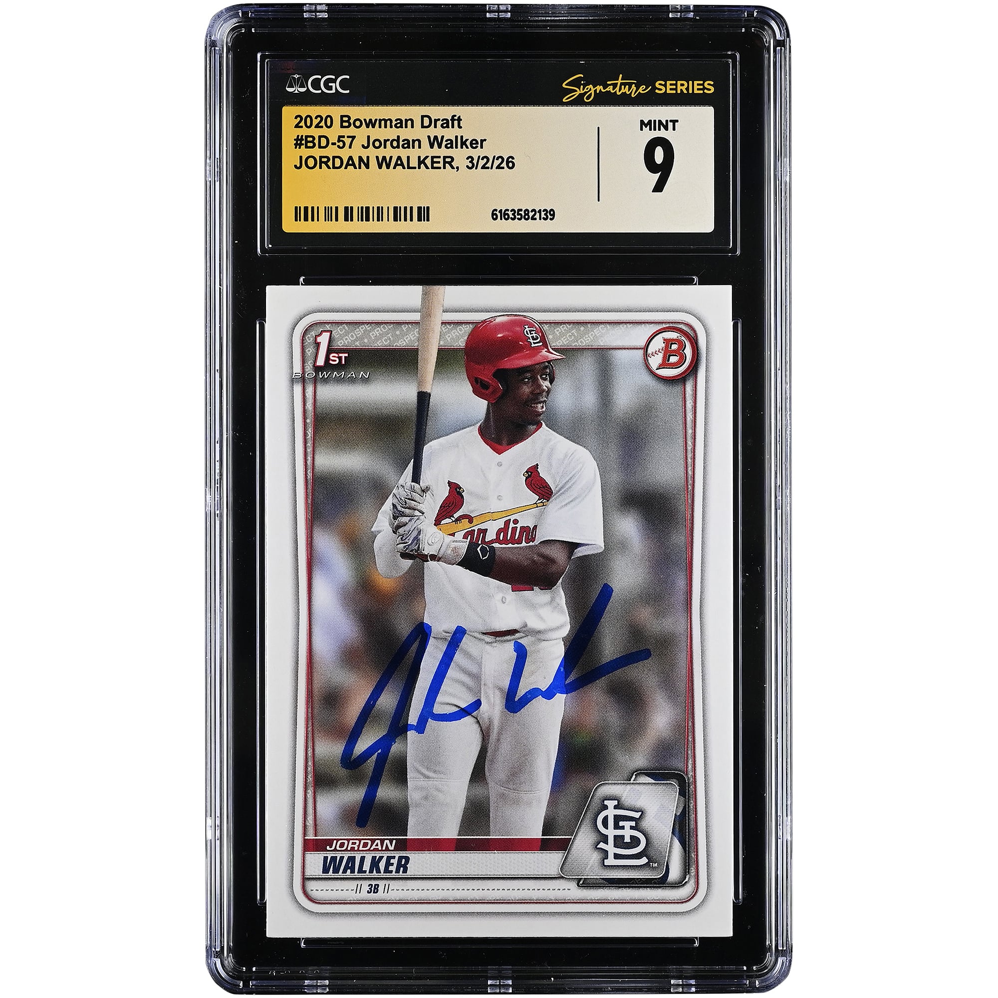 Carta autografata di Jordan Walker dei St. Louis Cardinals, edizione 2020 Bowman Draft #BD-57, autenticata da CGC, in condizioni perfette (Mint 9).