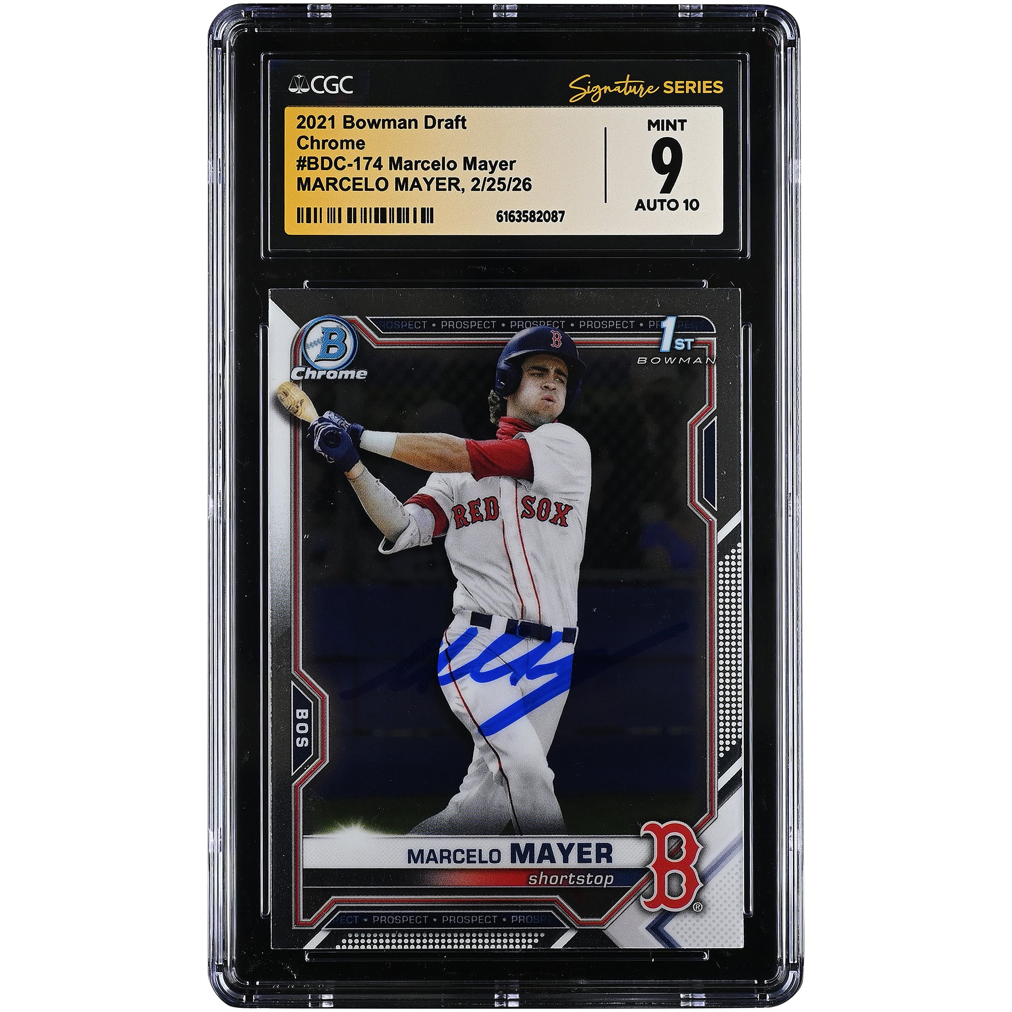 Tarjeta autografiada de Marcelo Mayer de los Boston Red Sox, edición Bowman Draft Chrome 2021 #BDC-174, autenticada por CGC con una calificación de 9/10.